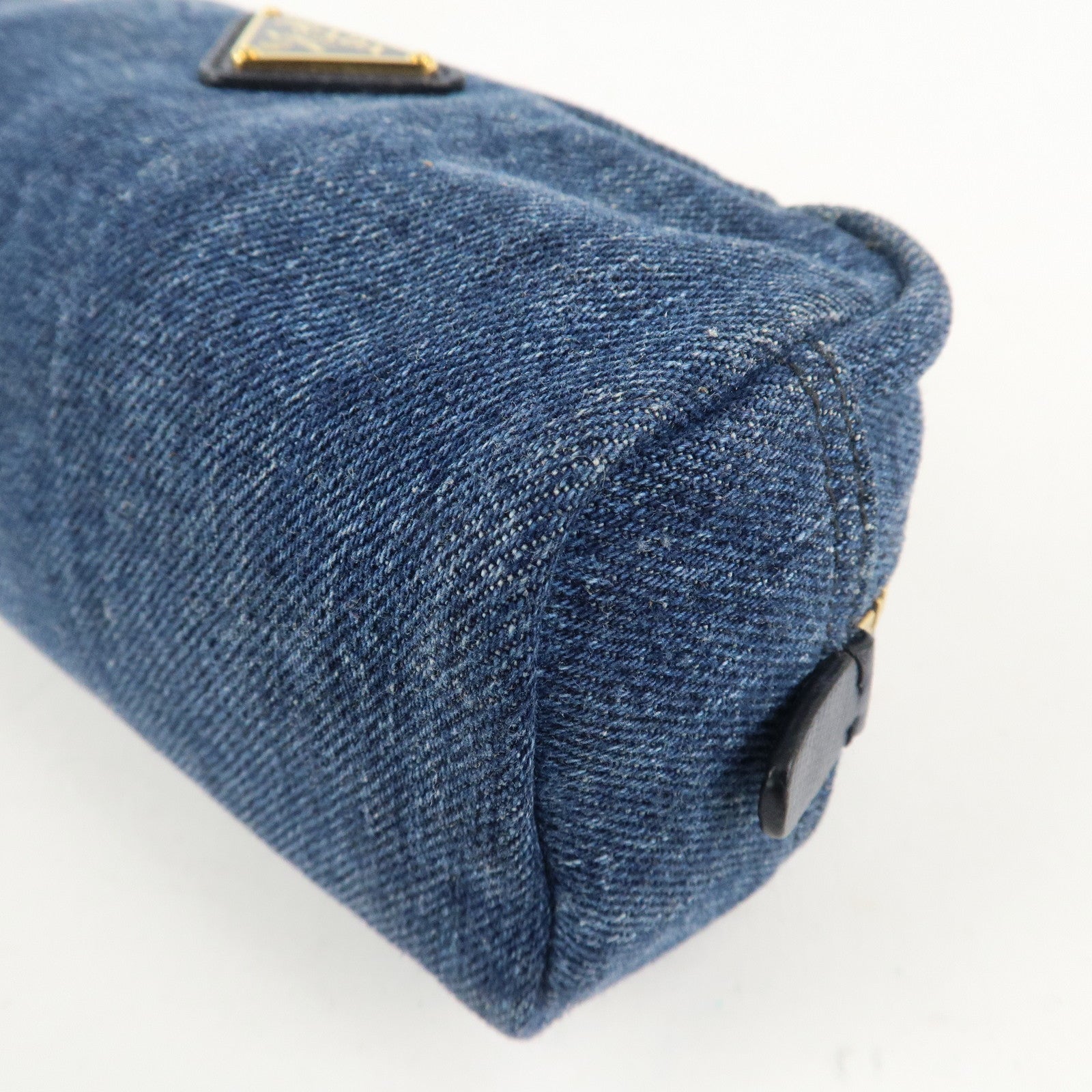 PRADA Triangle Logo Denim Pouch Cosmetic Pouch Blue Used