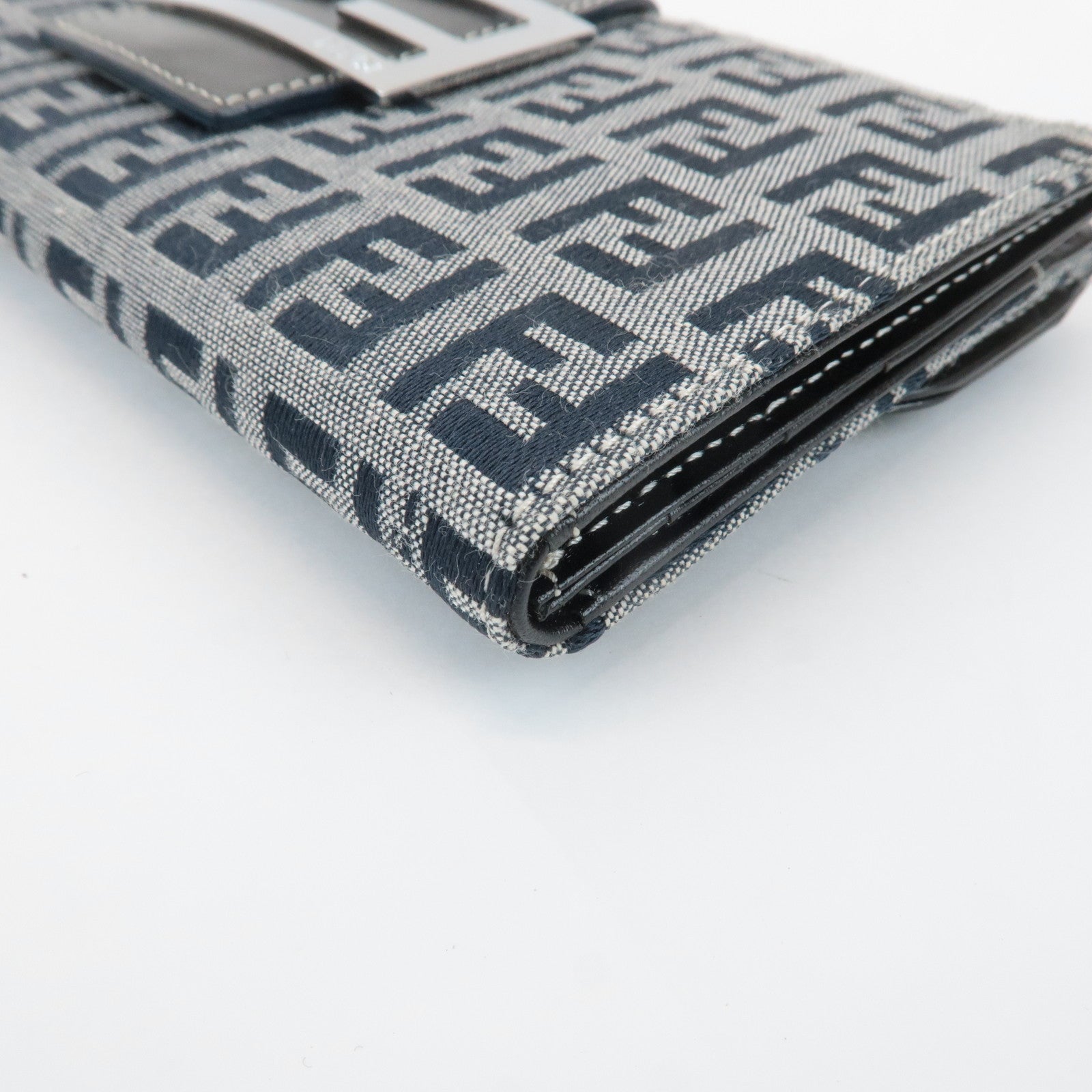 FENDI Zucchino Canvas Leather W Hook Bifold Long Wallet Navy 31133 Used