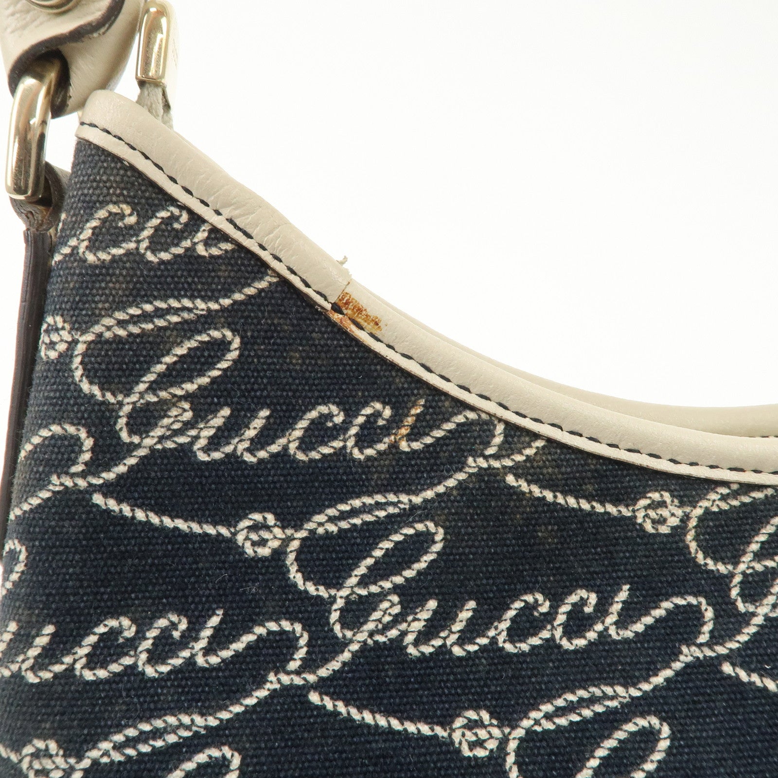 GUCCI Abbey GG Canvas Leather Shoulder Bag Ivory Navy 130738 Used