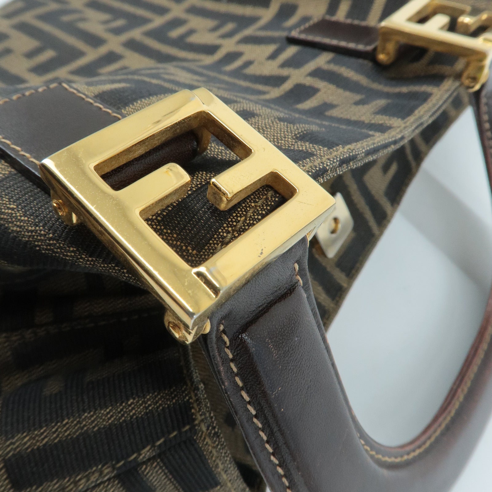 FENDI Zucca Canvas Leather Tote Bag Hand Bag Brown Used