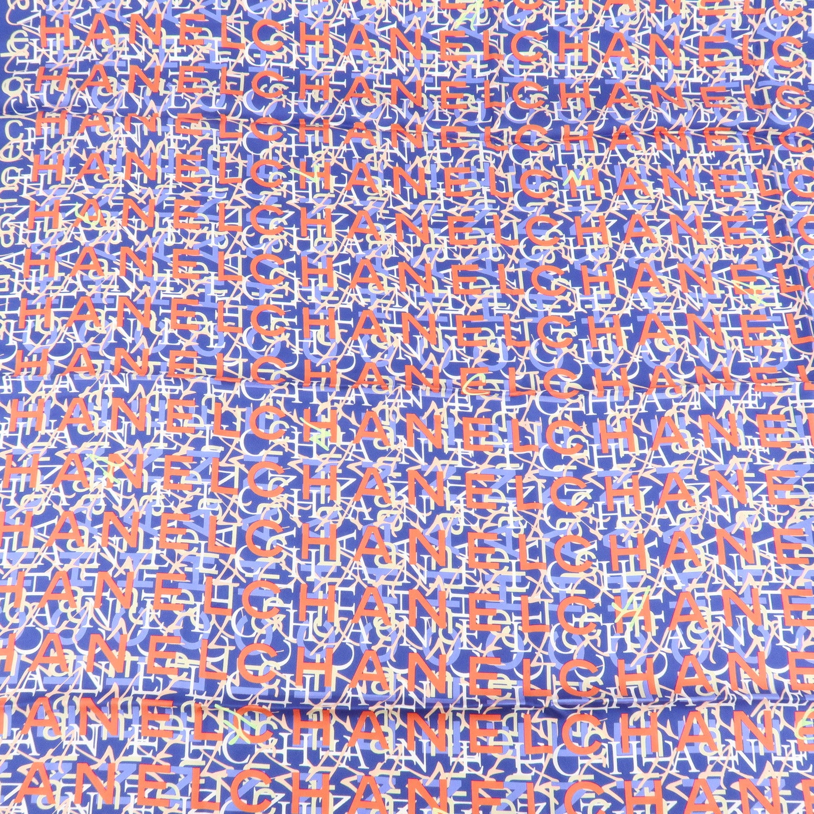 CHANEL Silk 100% Scarf CHANLE Logo Print Blue Used