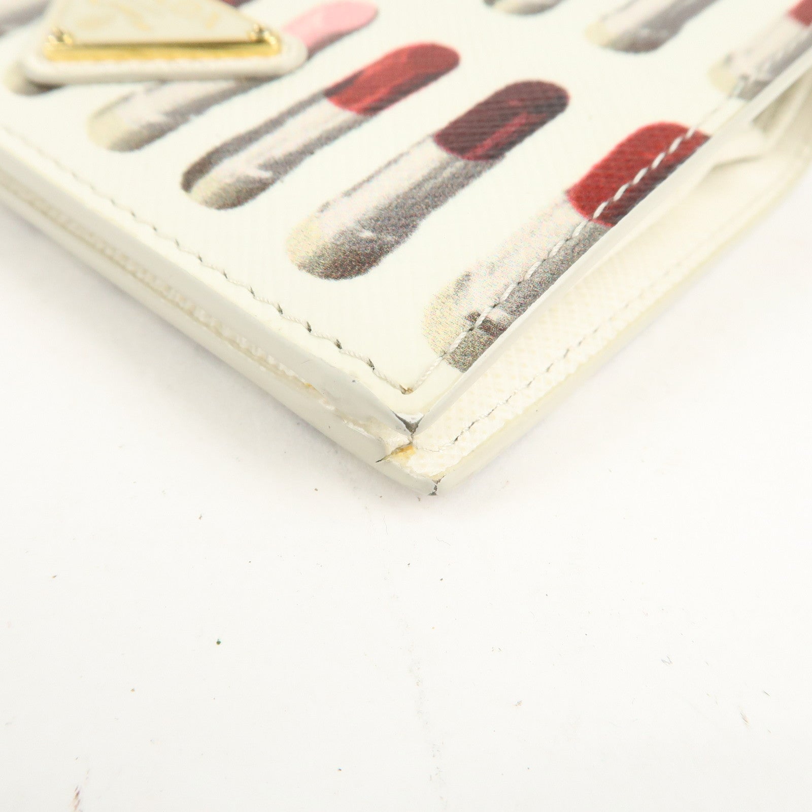 PRADA Logo Leather Lip Design Bi-Fold Wallet Ivory Used