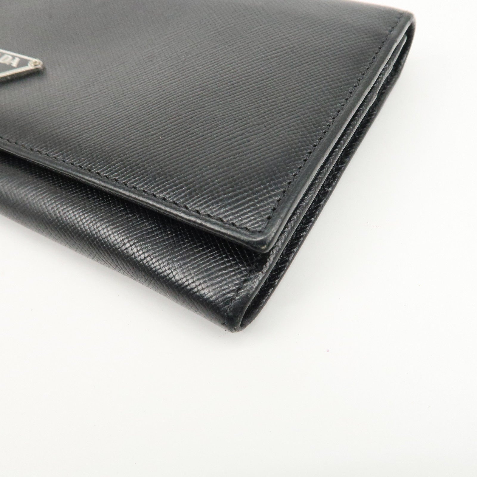 PRADA Leather Bi-fold Long Wallet Black Silver Hardware Used