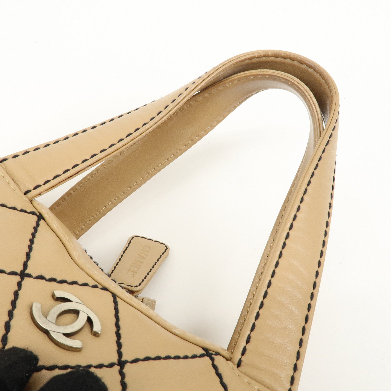 CHANEL Wild Stitch Lamb Skin Coco Mark Hand Bag Beige A14692 Used