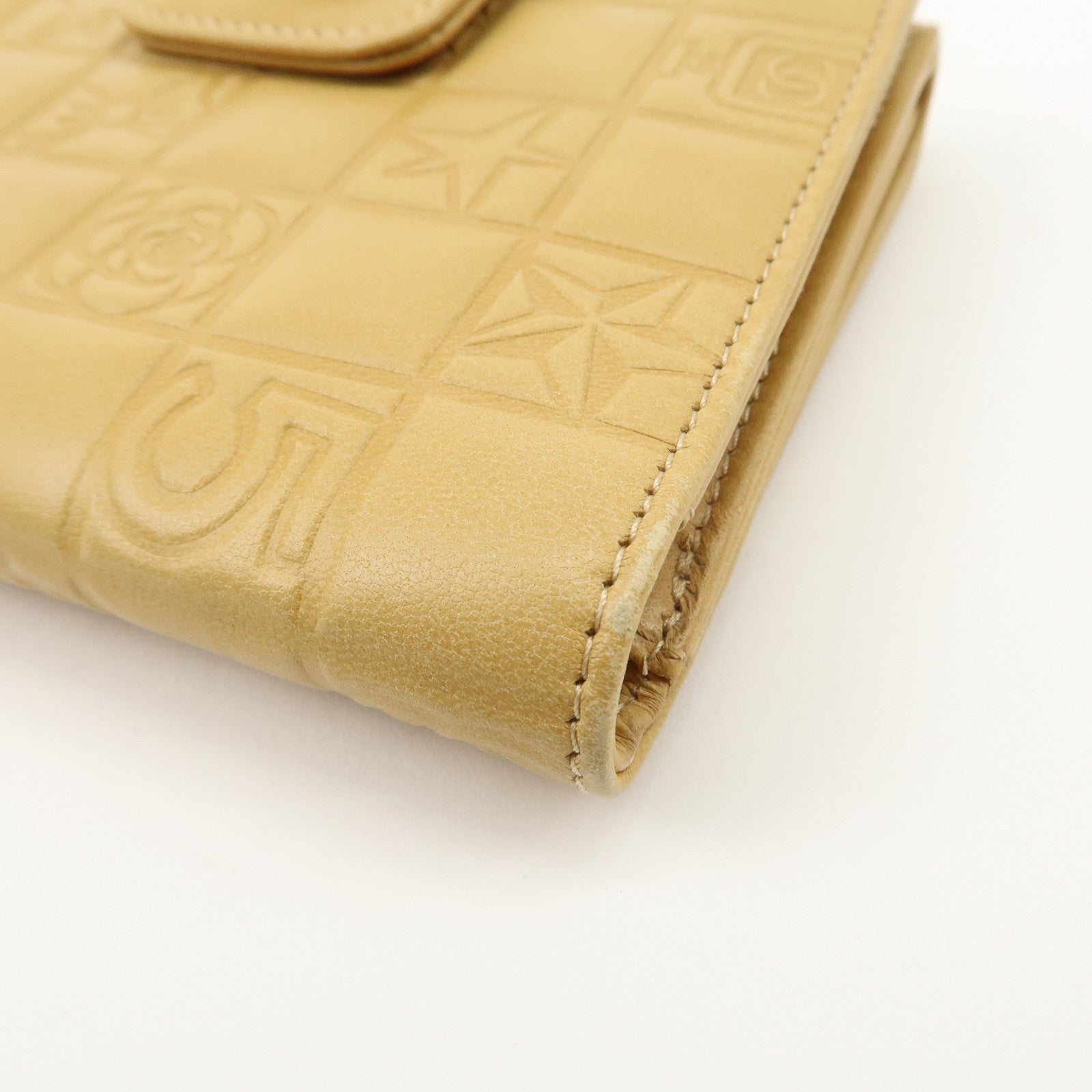 CHANEL Icon Line Lamb Skin W Flap Bi-fold Wallet Beige A24212 Used