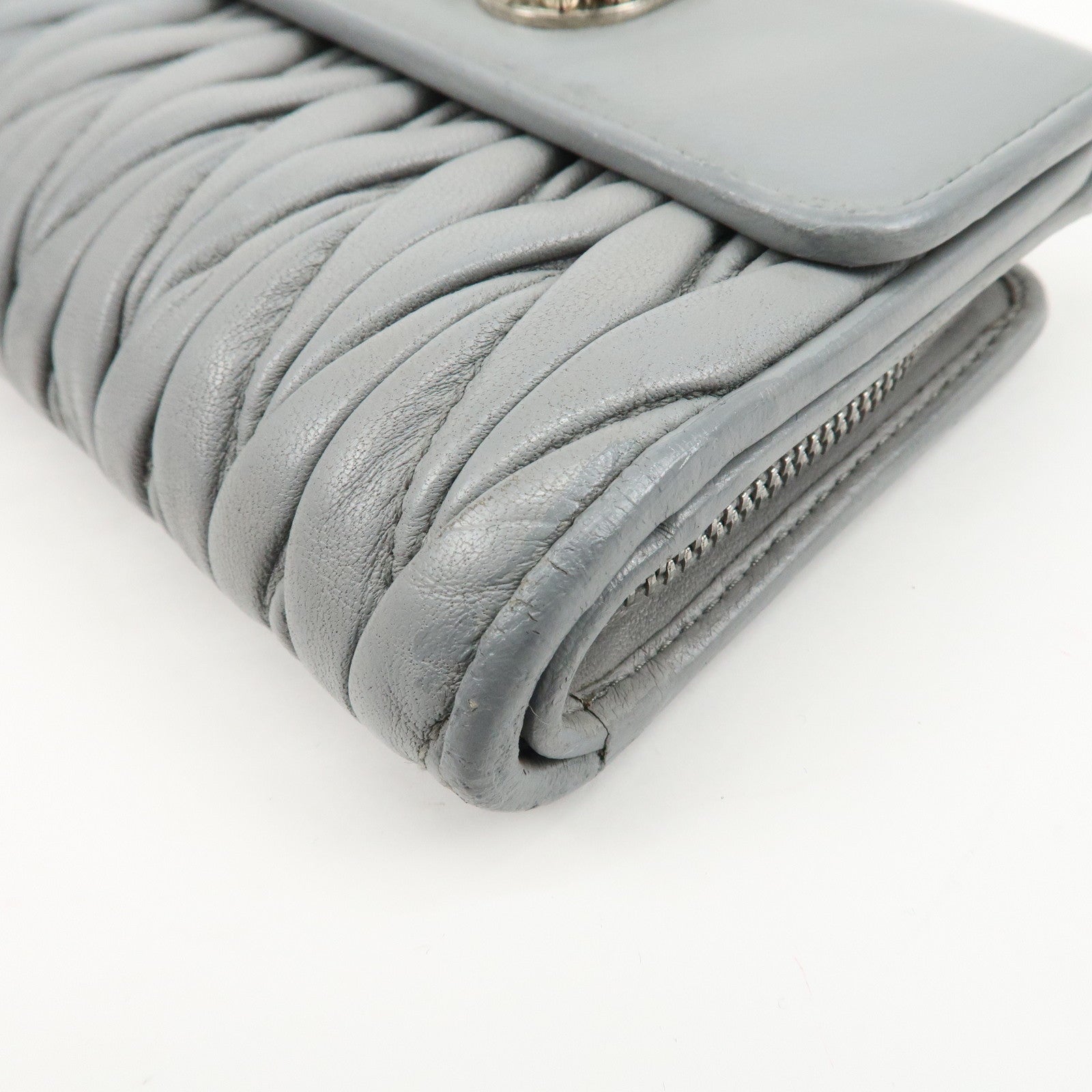 MIU MIU Matelasse Leather Bijoux Studs Tri-fold Wallet Gray Used