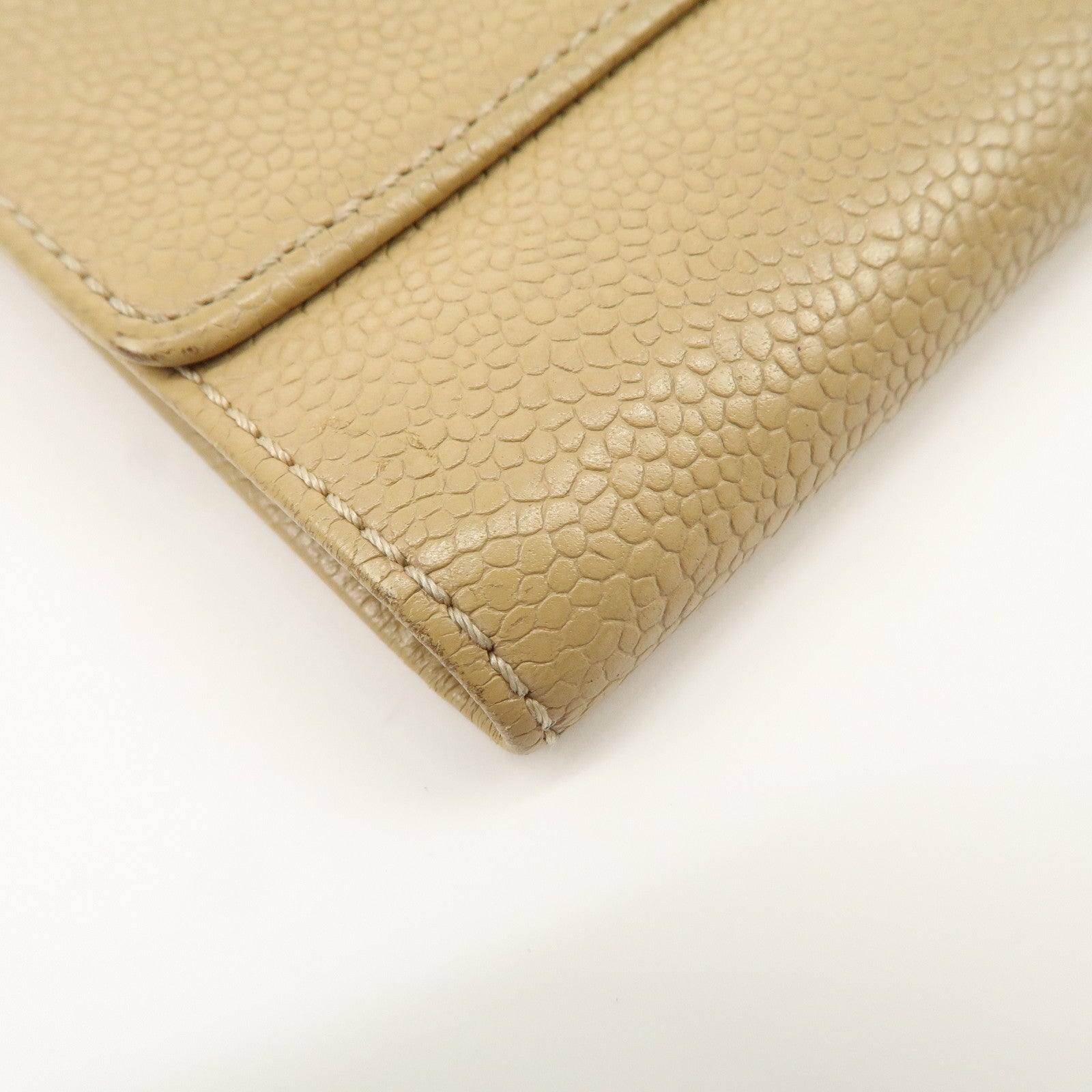 CHANEL Caviar Skin COCO Mark Tri-Fold Wallet Beige Gold Used