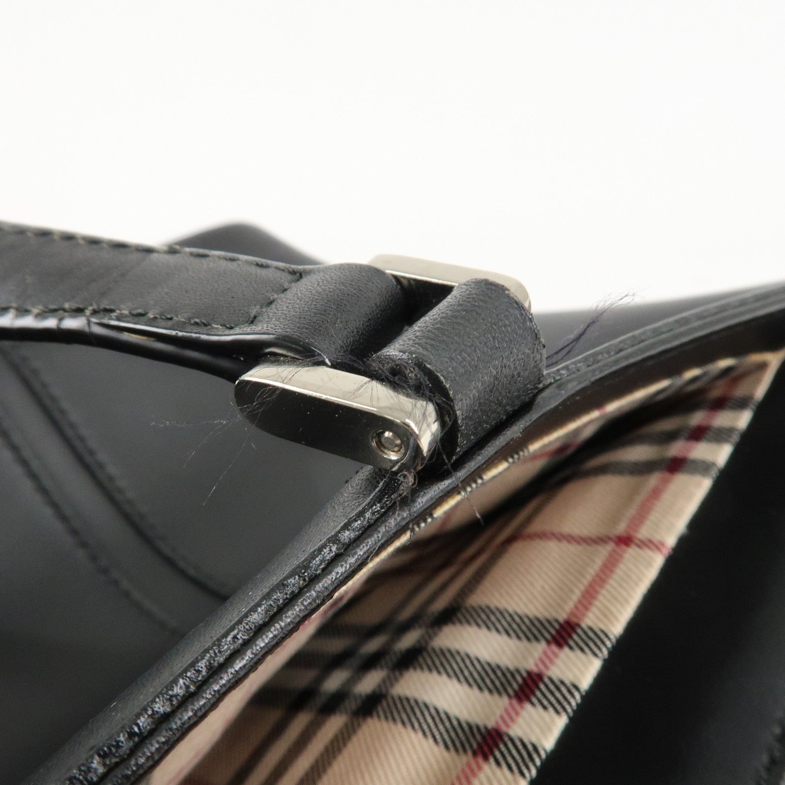 BURBERRY Leather Tote Bag Hand Bag Black Silver Hardware Used