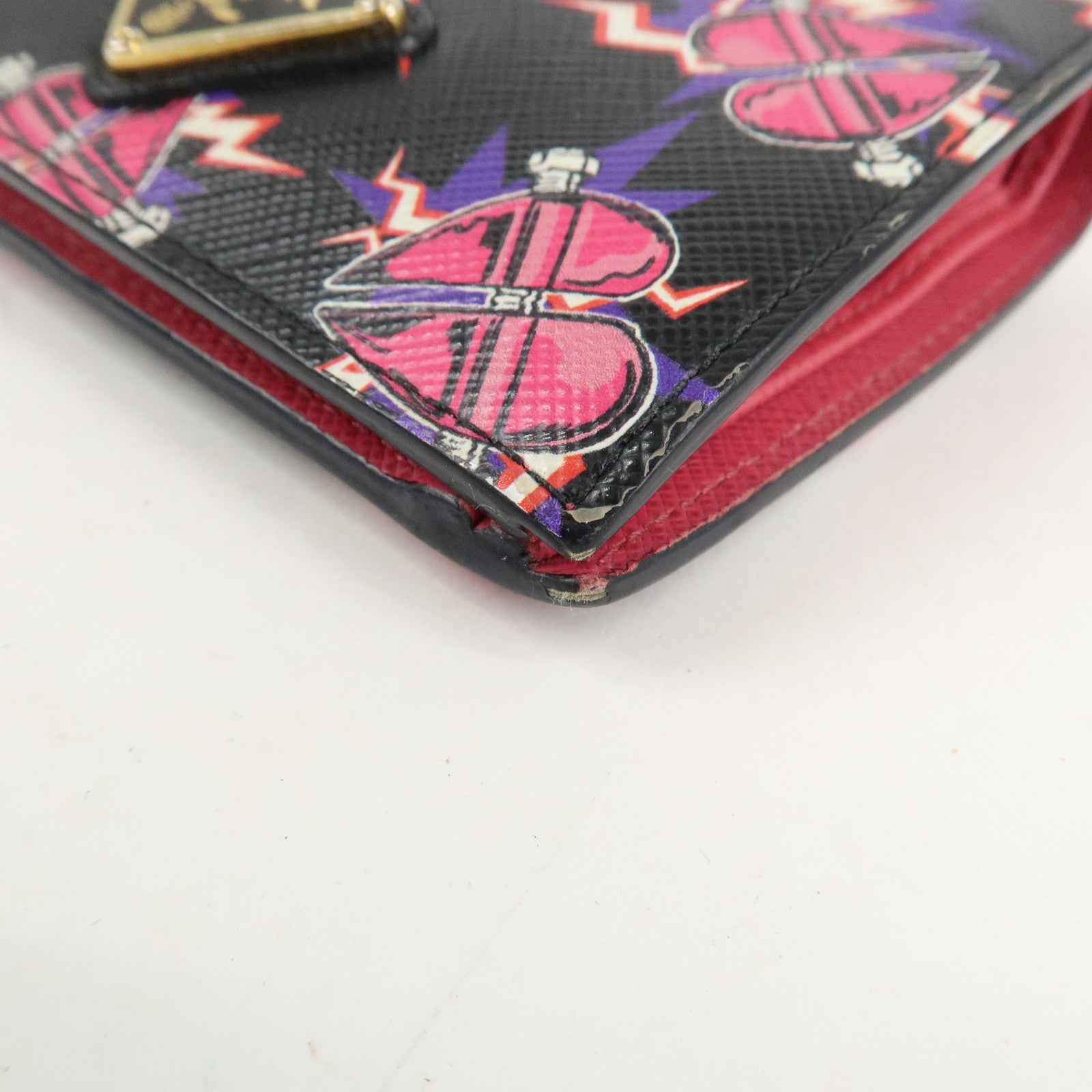 PRADA Logo Saffiano Leather Heart Print Bi-fold Wallet 1MV204 Used