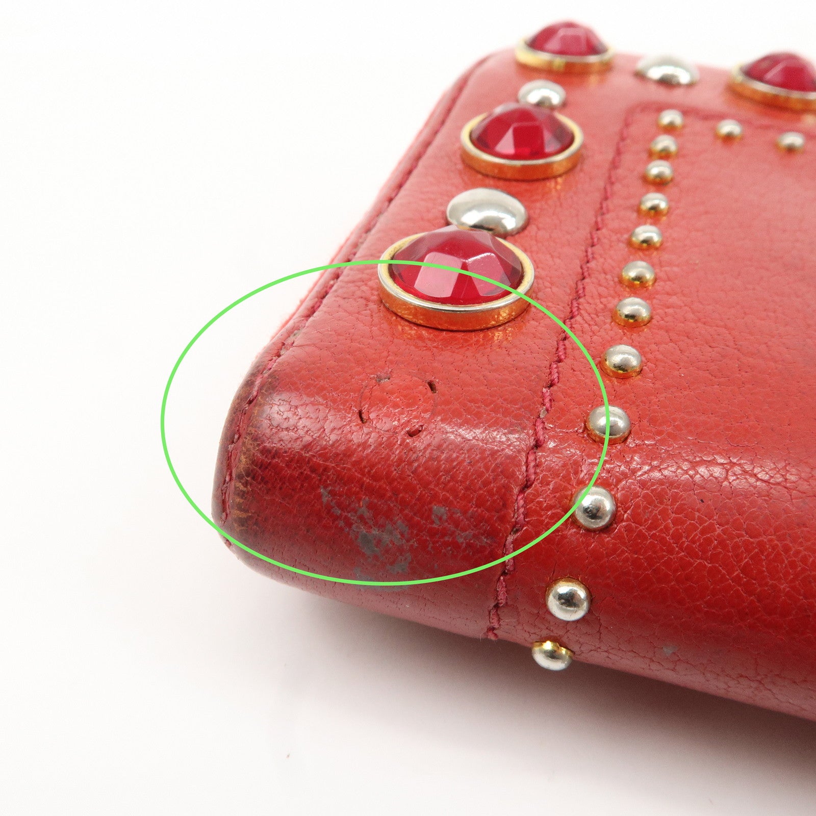 MIU MIU Leather Round Zipper Long Wallet Bijou Studs Red Used