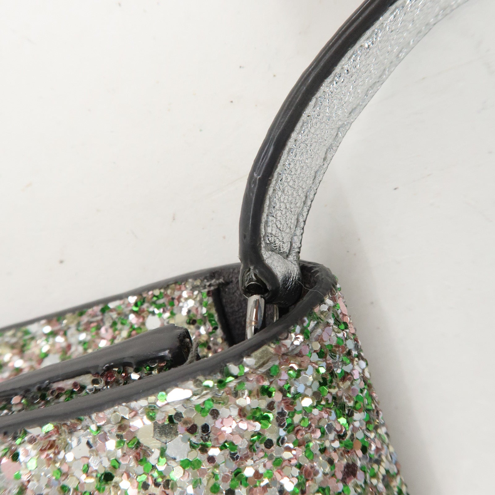 JIMMY CHOO Glitter Leather Shoulder Wallet Bag Green Silver Used