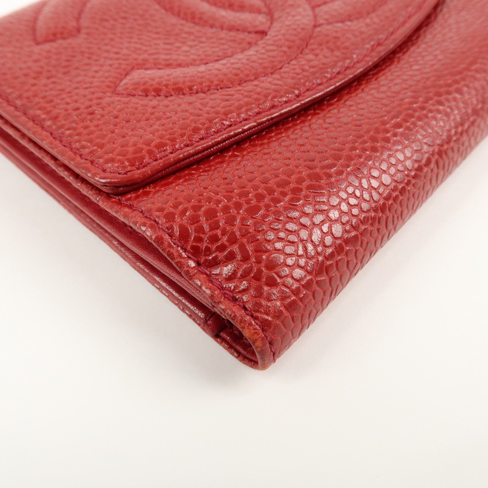 CHANEL Caviar Skin Coco Mark W Hook Compact Wallet A01427 Used