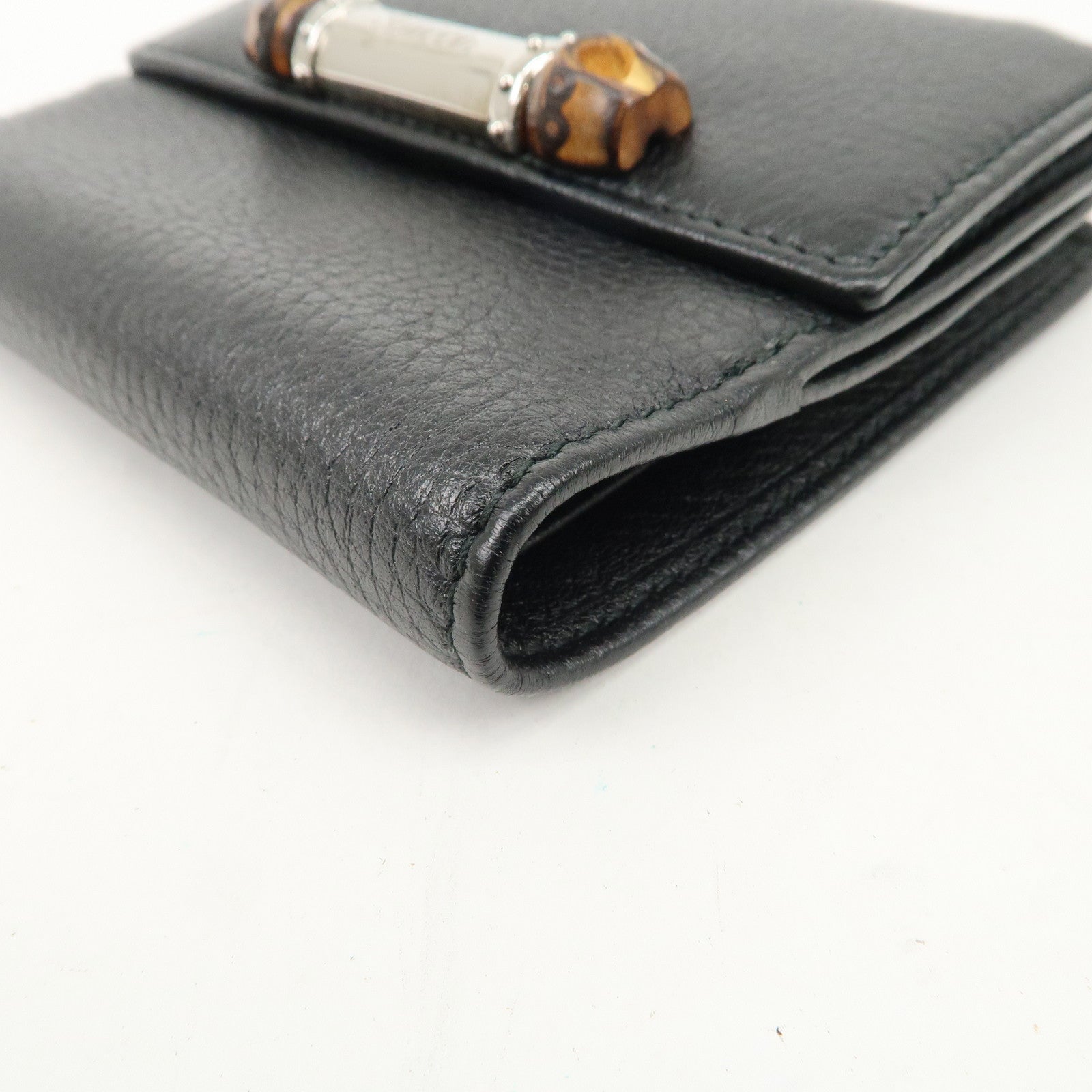 GUCCI Bamboo Leather W Hook Bi-fold Wallet Black 233049 Used