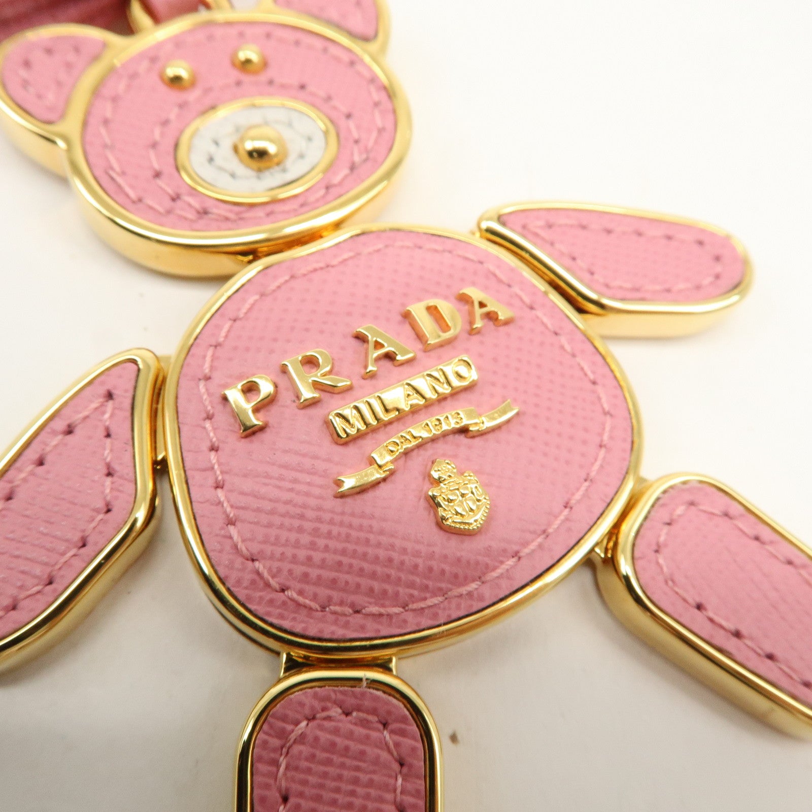 PRADA Saffiano Leather Metal Bear Bag Charm Key Chain Pink Used