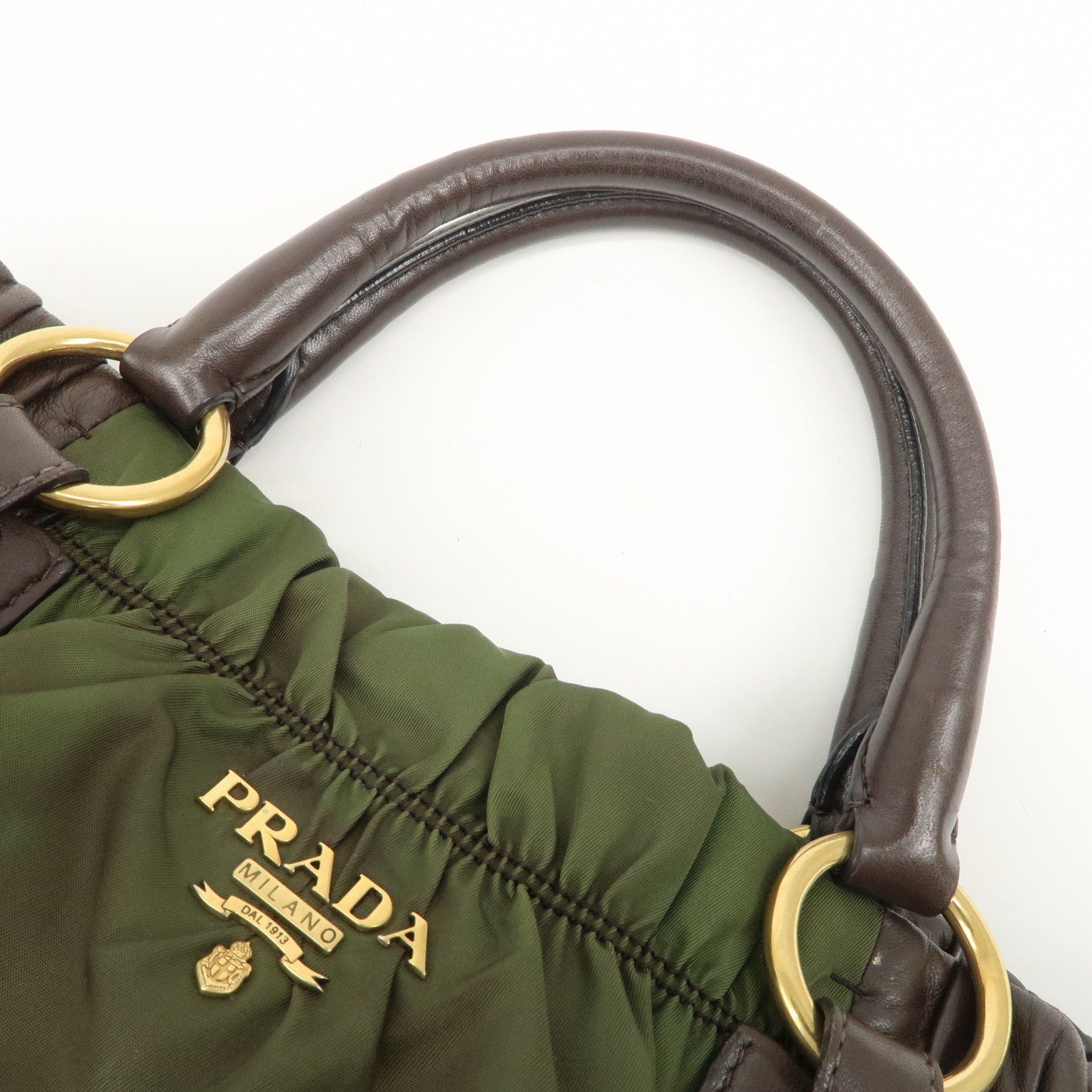 PRADA Nylon Leather Gathered Hand Bag Green Brown BN1793 Used
