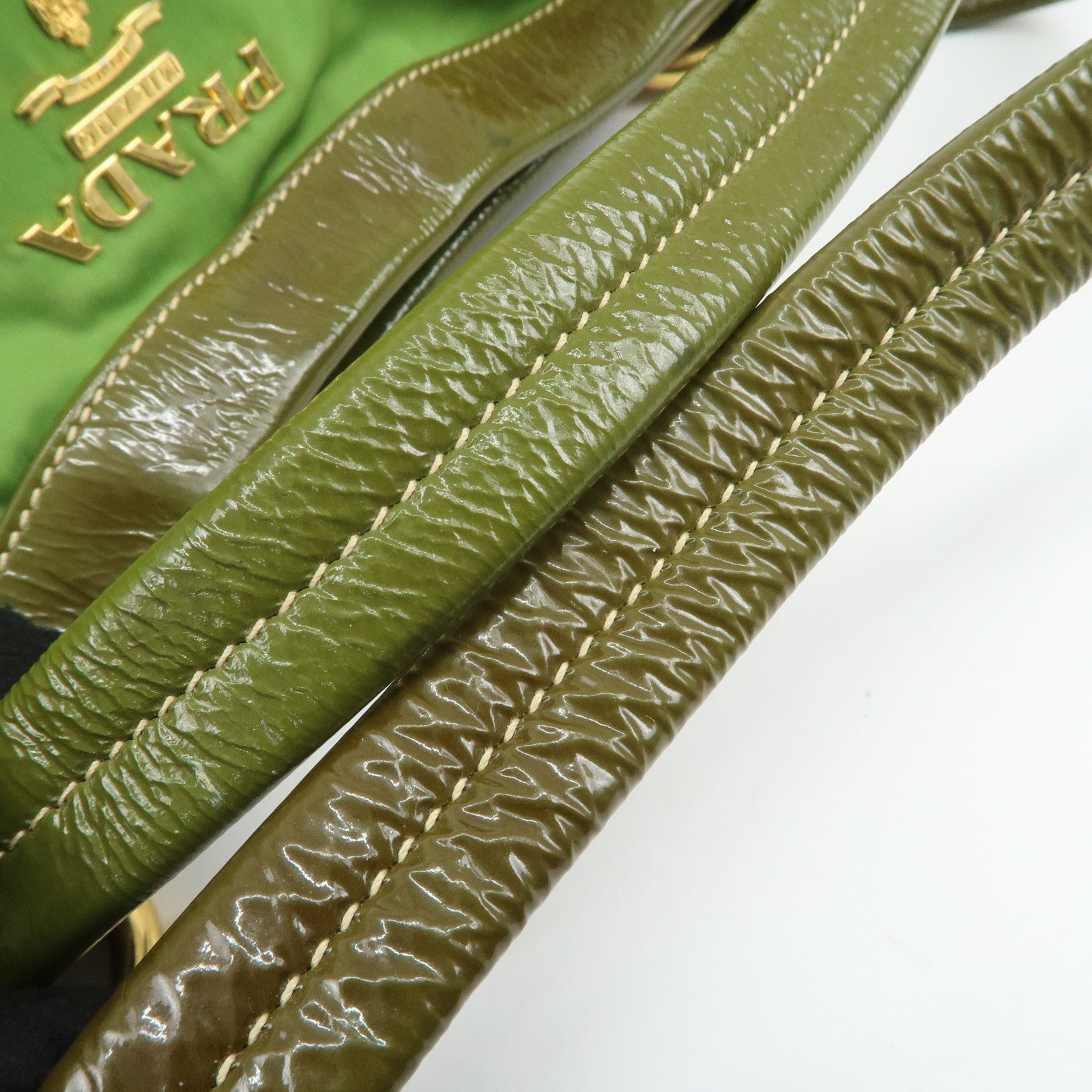 PRADA Nylon Patent Leather Tote Bag Shoulder Bag Green Khaki Used