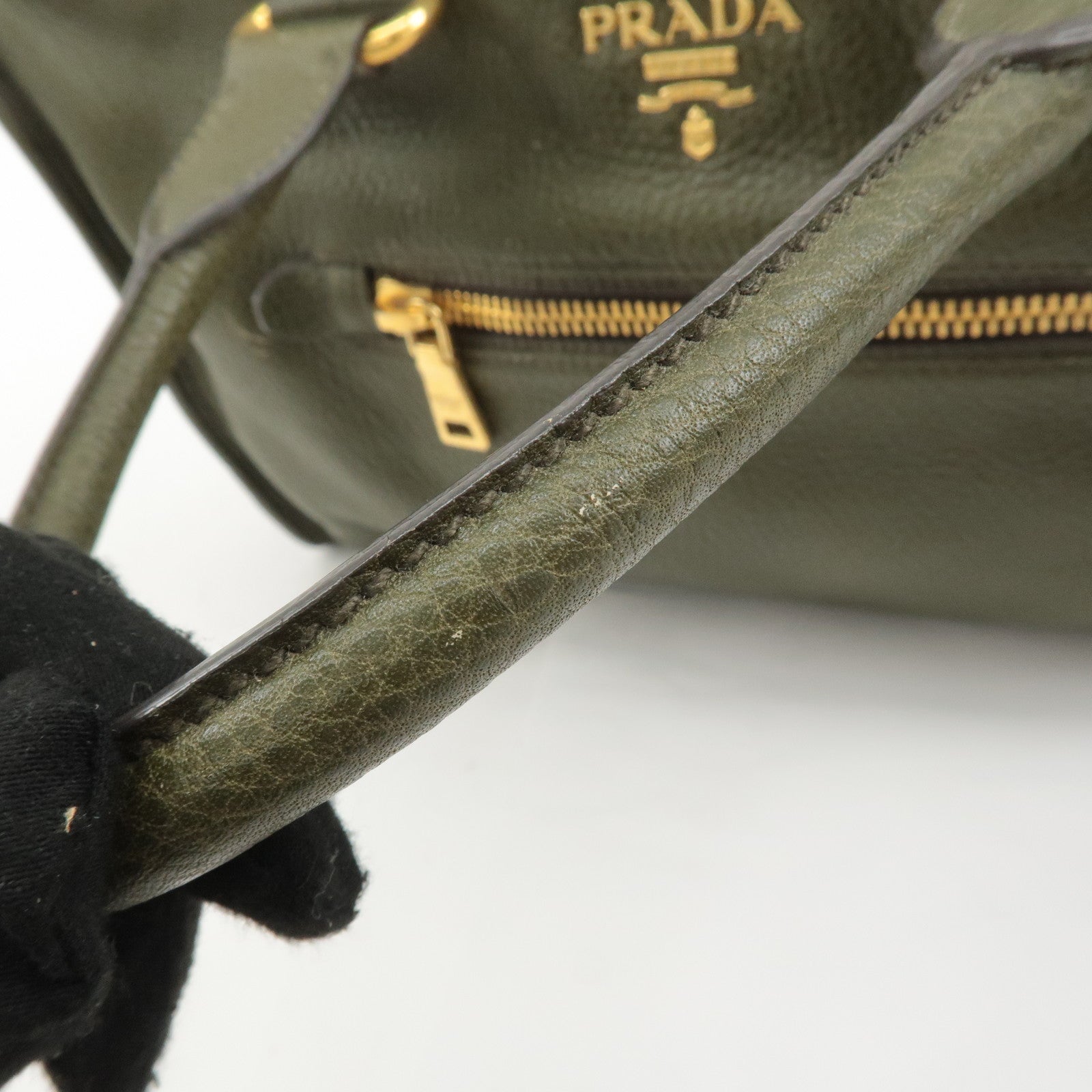 PRADA Leather 2Way Bag Hand Bag Shoulder Bag Khaki BL0805 Used