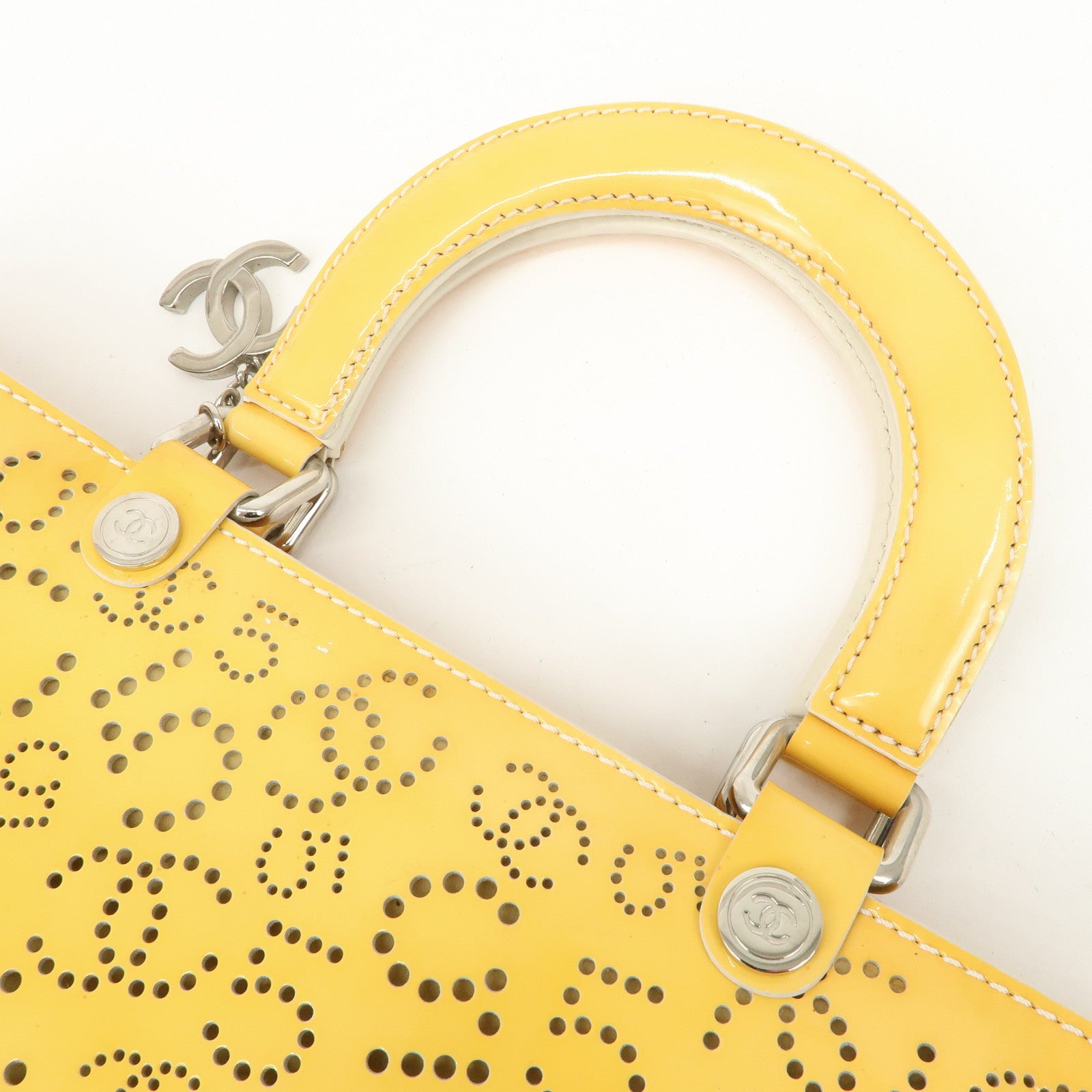 CHANEL COCO Mark No.5 Patent Leather Punching Hand Bag Yellow Used