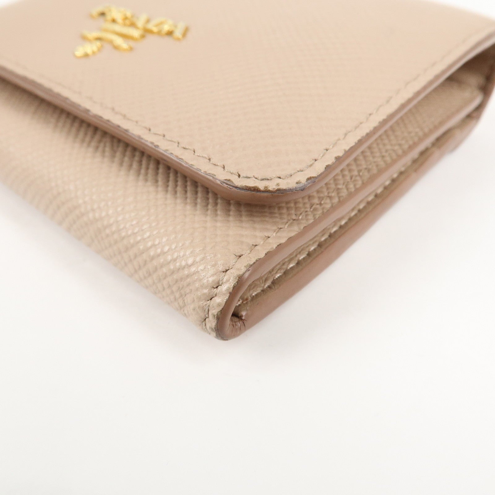 PRADA Saffiano Leather Trifold Compact Wallet Beige 1MH176 Used