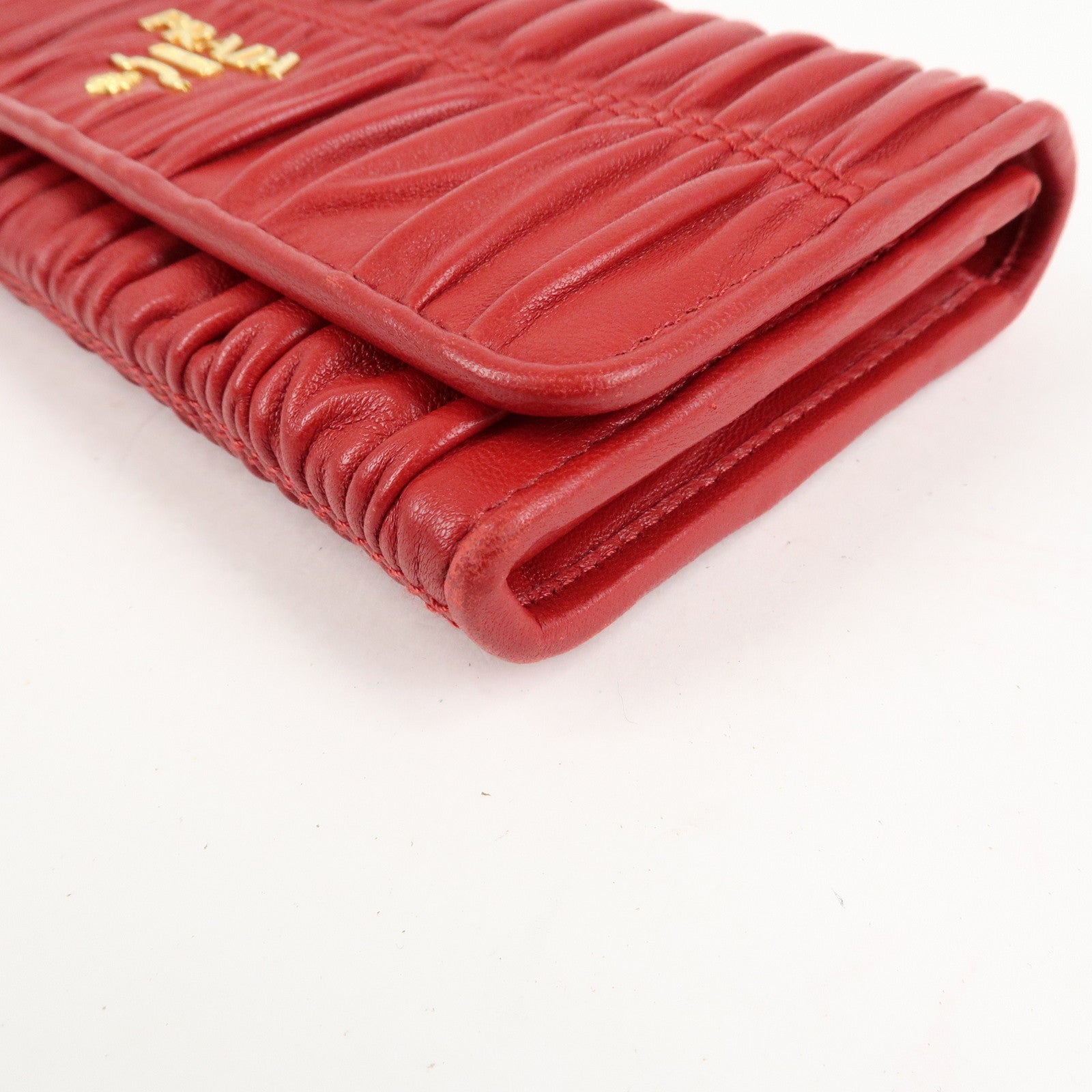 PRADA Logo Leather Bi-Fold Long Wallet Red Gold Hardware Used