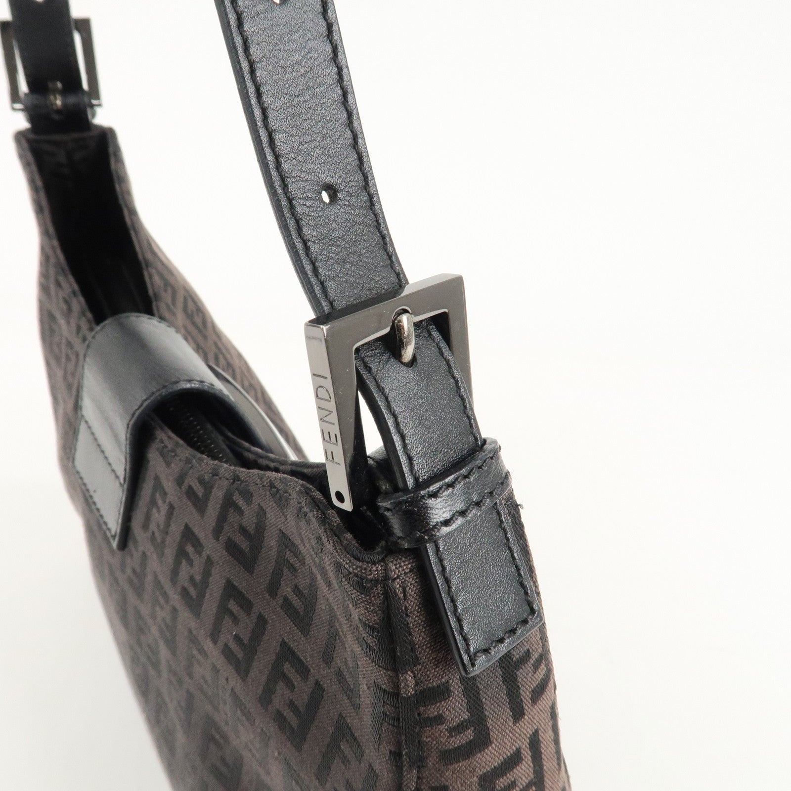 FENDI Zucchino Canvas Leather Shoulder Bag Brown Black 8BR036 Used