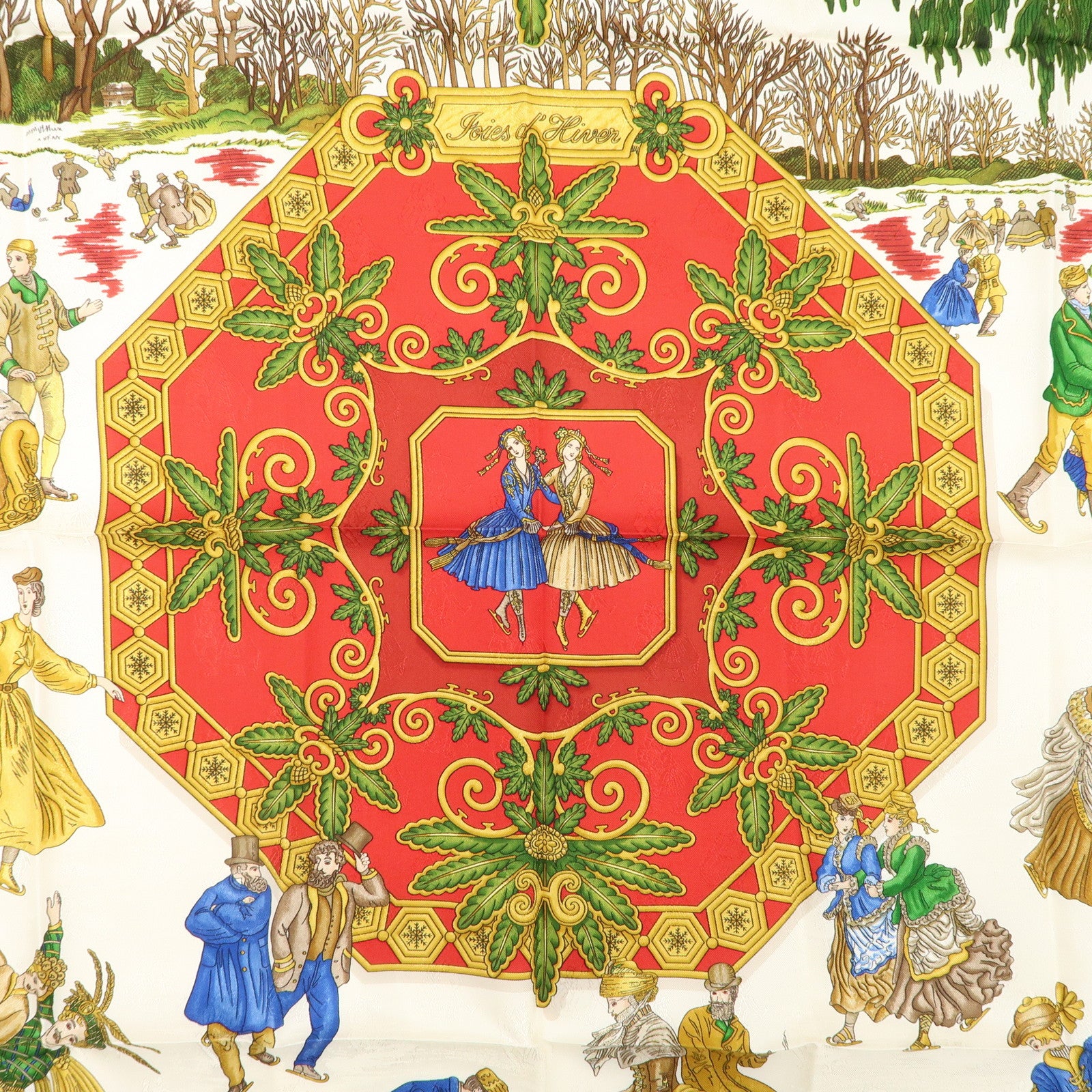 HERMES Carre 90 100% Silk Scarf Joies d’Hiver Red White Gold Used