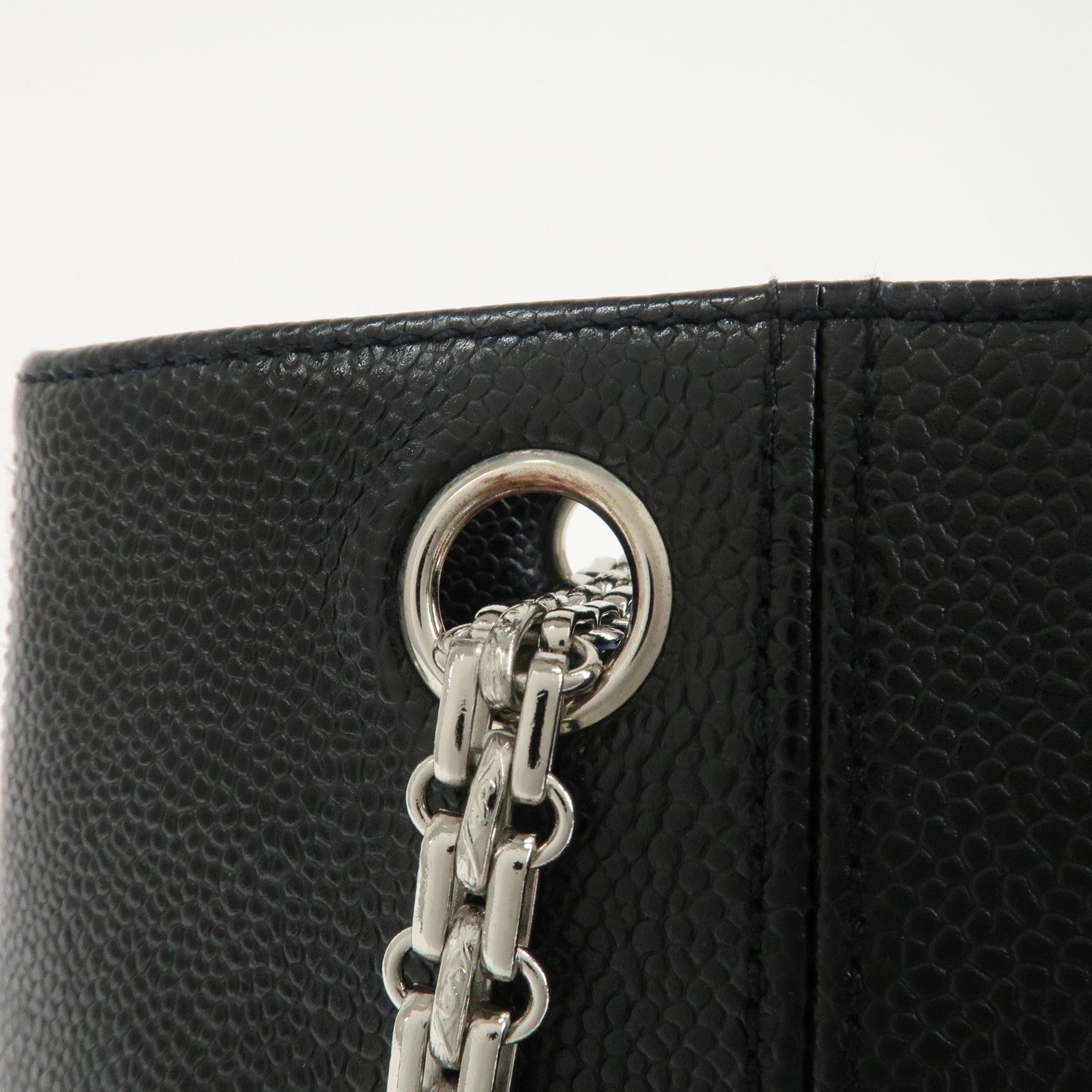 CHANEL Caviar Skin Chain Tote Bag Black Silver Hardware Used