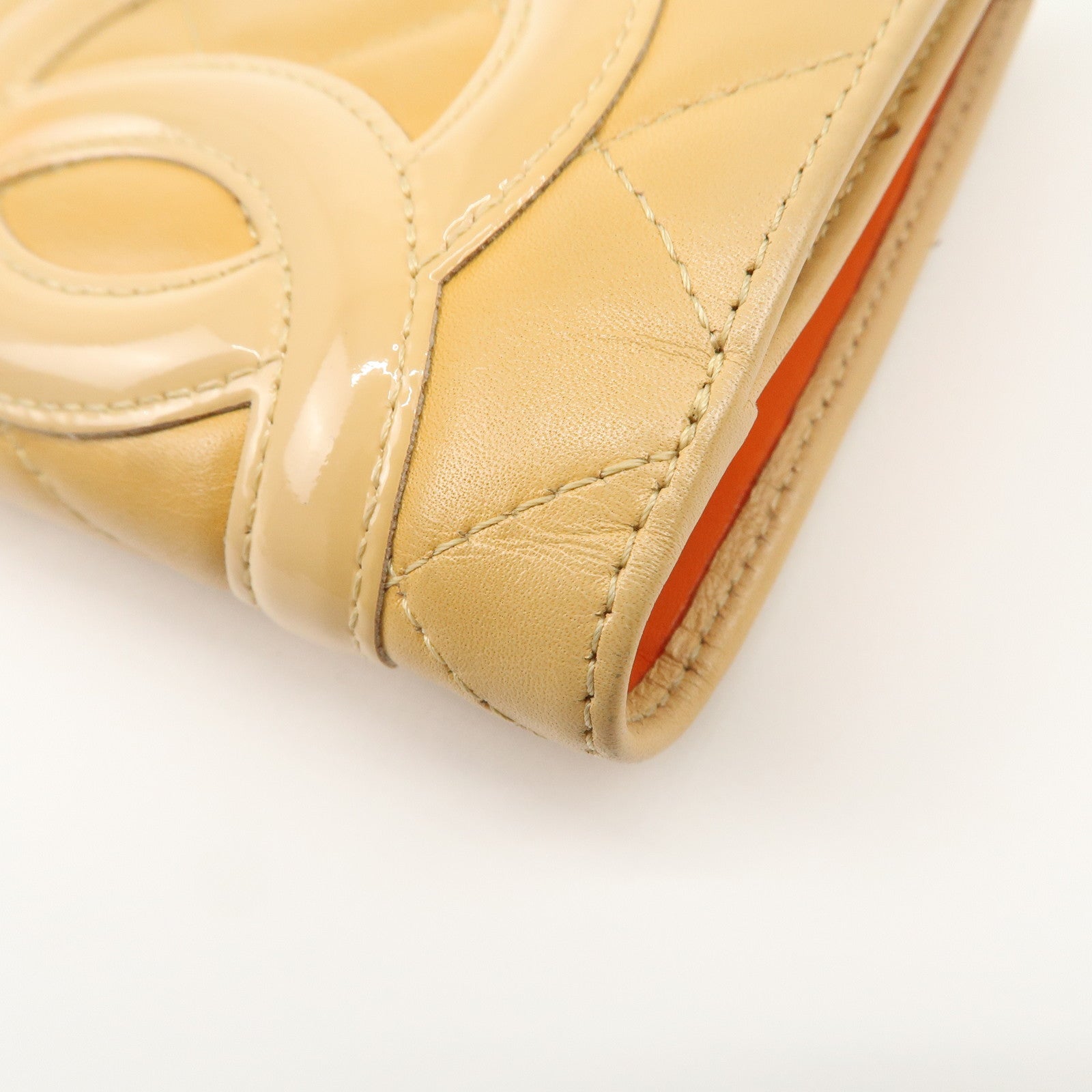 CHANEL Cambon Line Patent Leather Bi-fold Wallet Beige A26720 Used