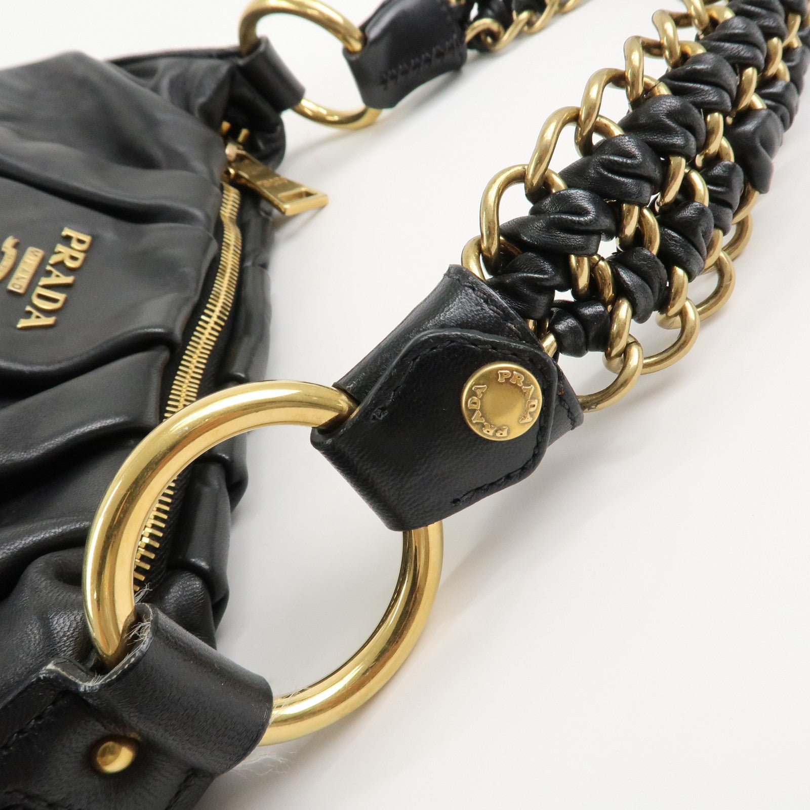 PRADA Leather Chain One-Shoulder Bag Black Gold Hardware Used