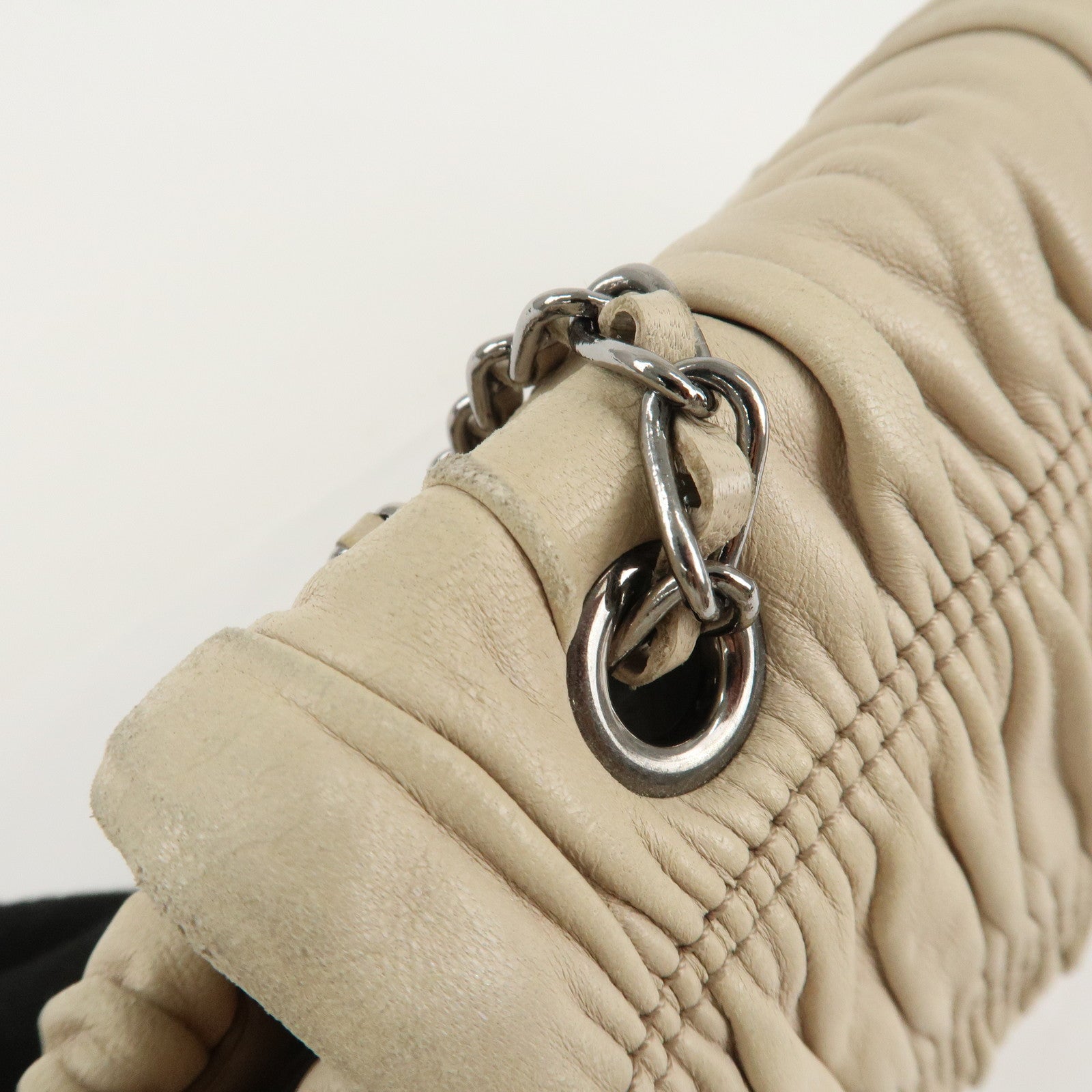 PRADA Leather Gathered Chain Shoulder Bag Ivory B4695C Used