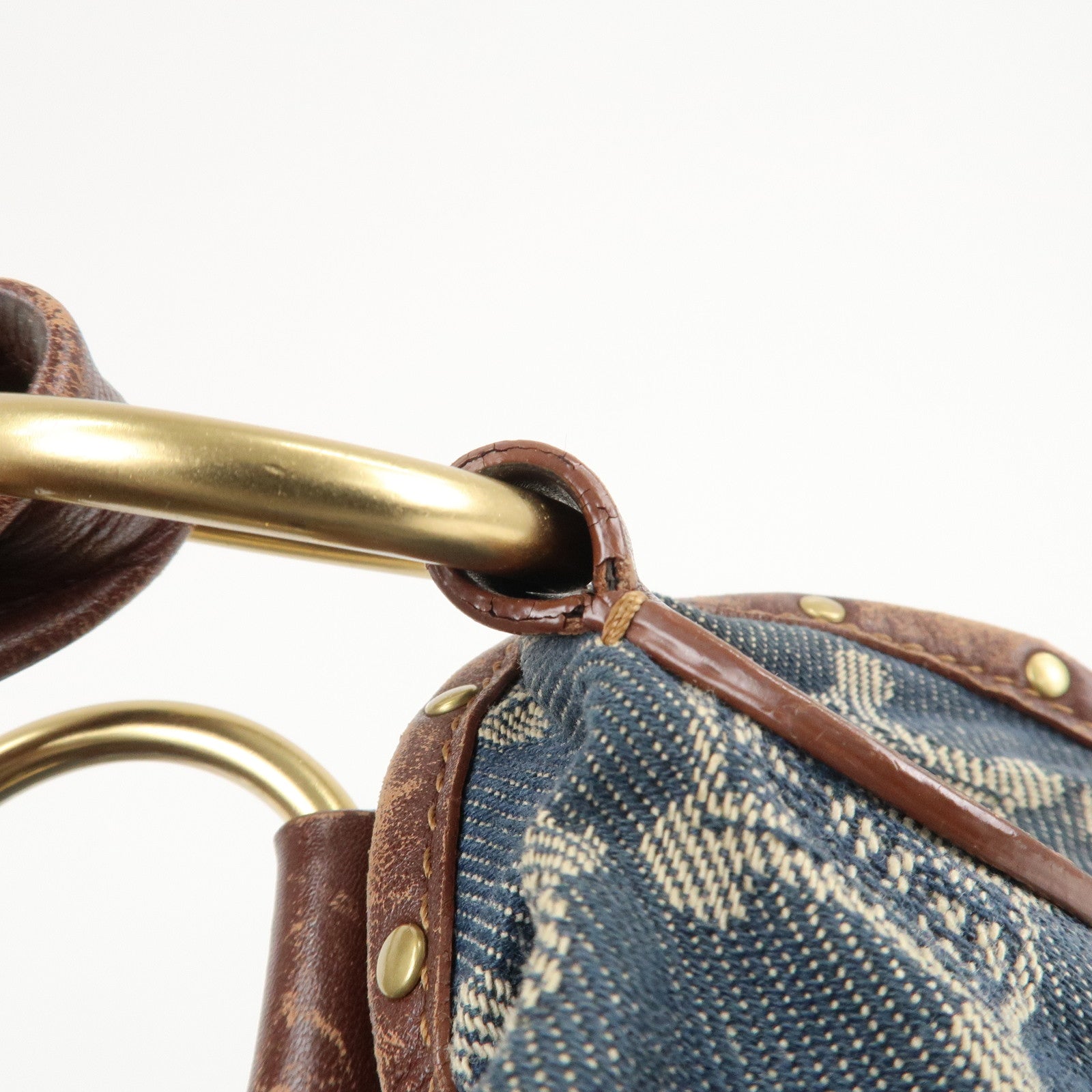 CELINE Macadam Denim Leather Bittersweet Shoudler Bag Navy Brown Used