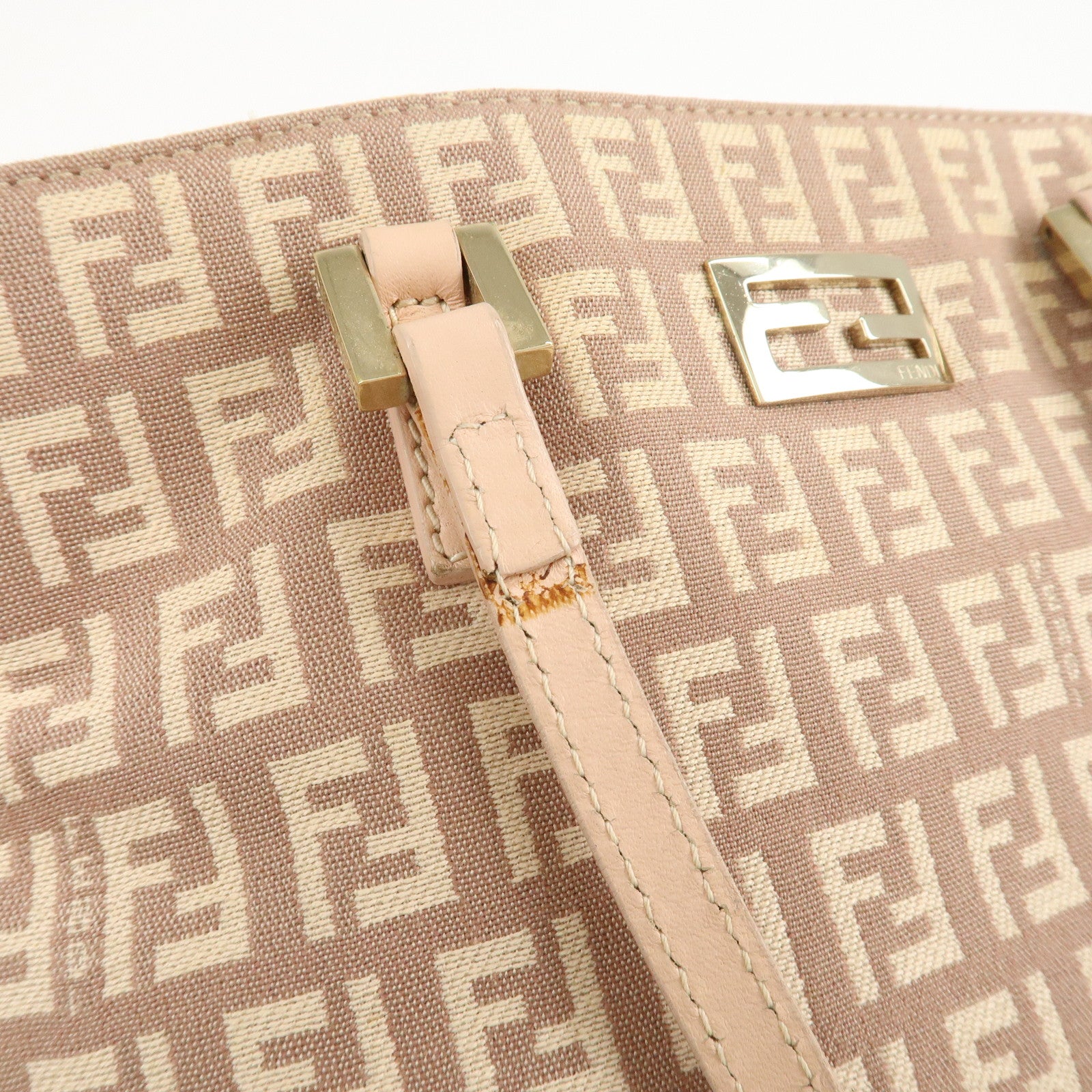FENDI Zucchino Canvas Leather Tote Bag Pink Beige 8BH133 Used
