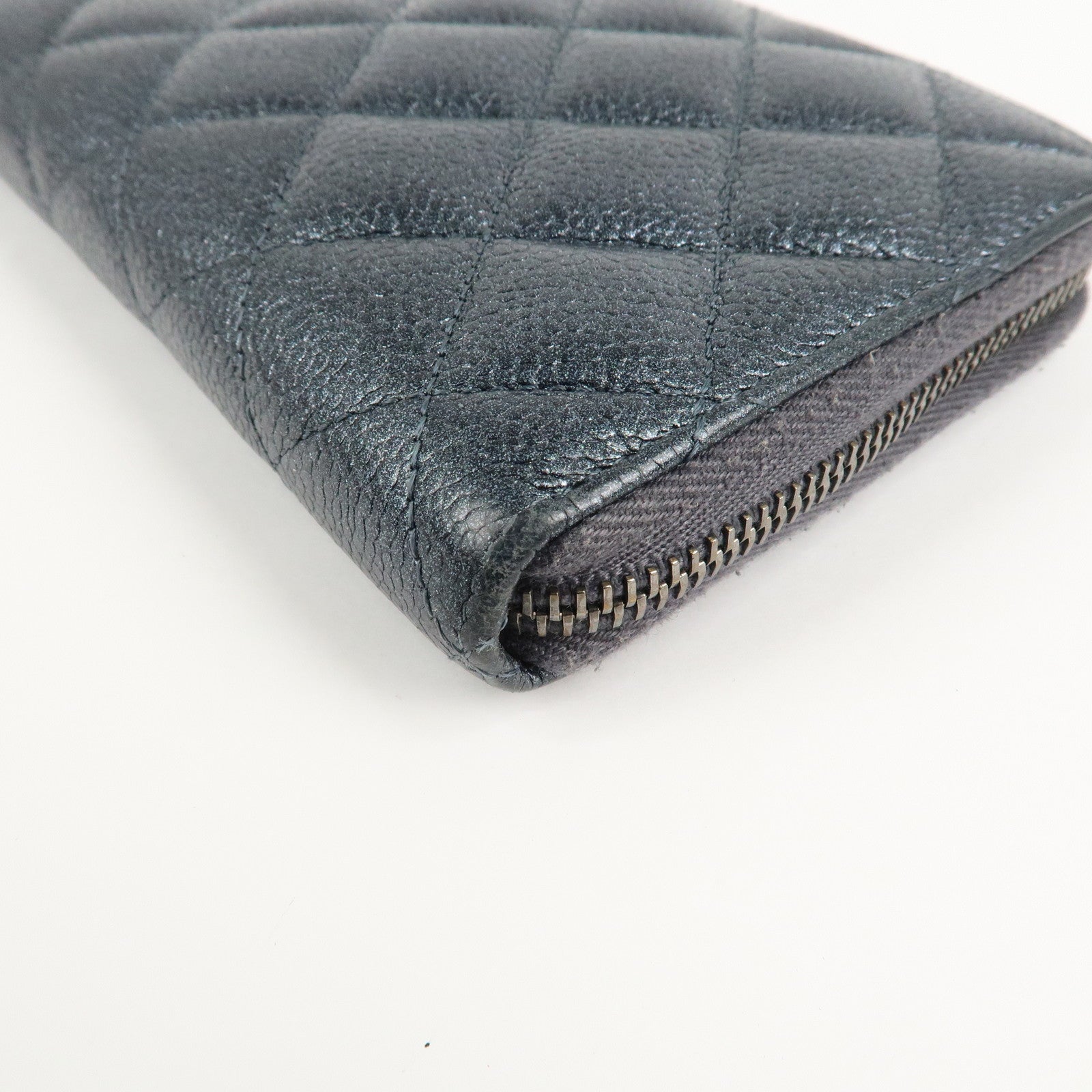 CHANEL Matelasse Caviar Skin Zip Around Long Wallet Metal Blue Used