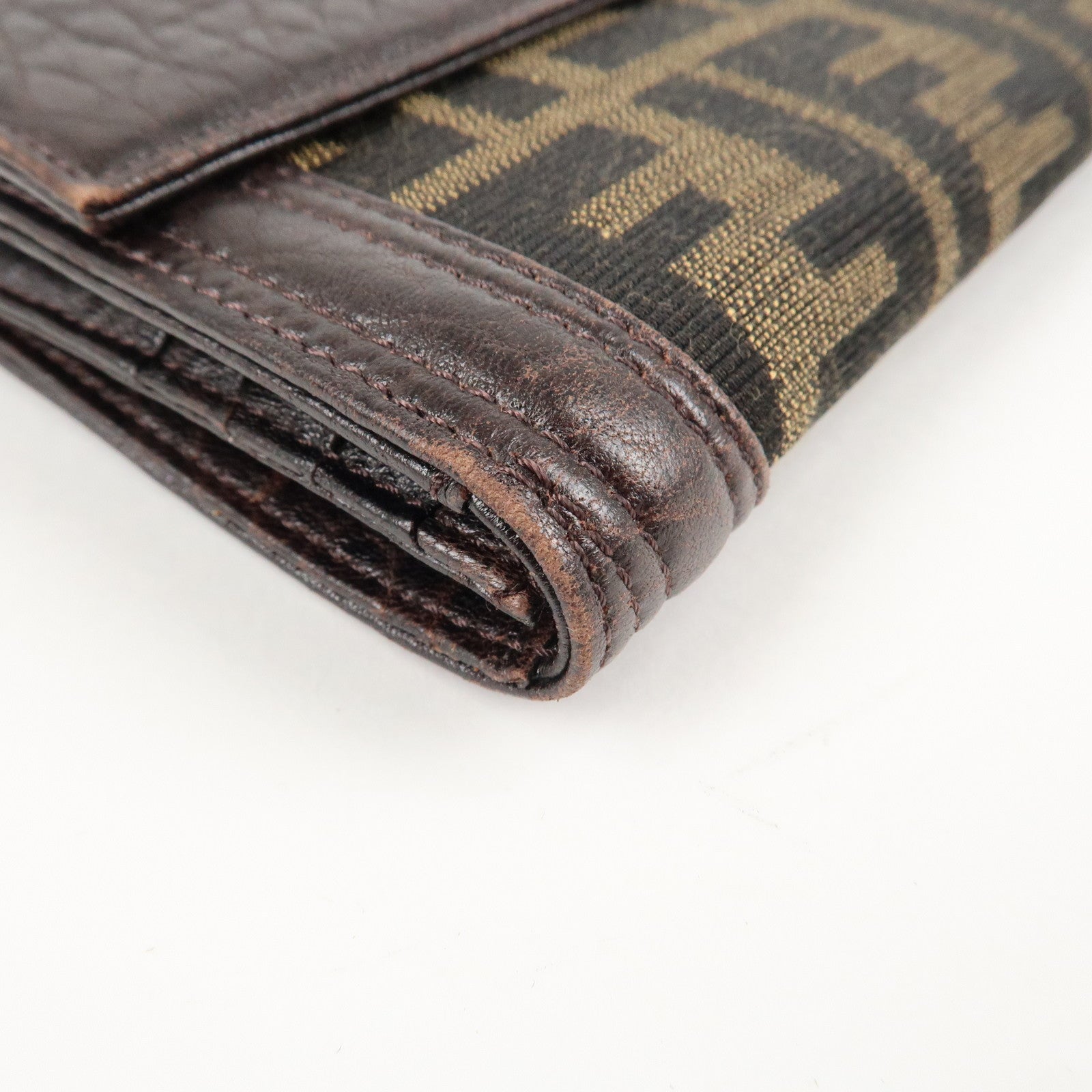 FENDI Zucca Canvas Leather W Hook Bifold Long Wallet 8N0032 Used