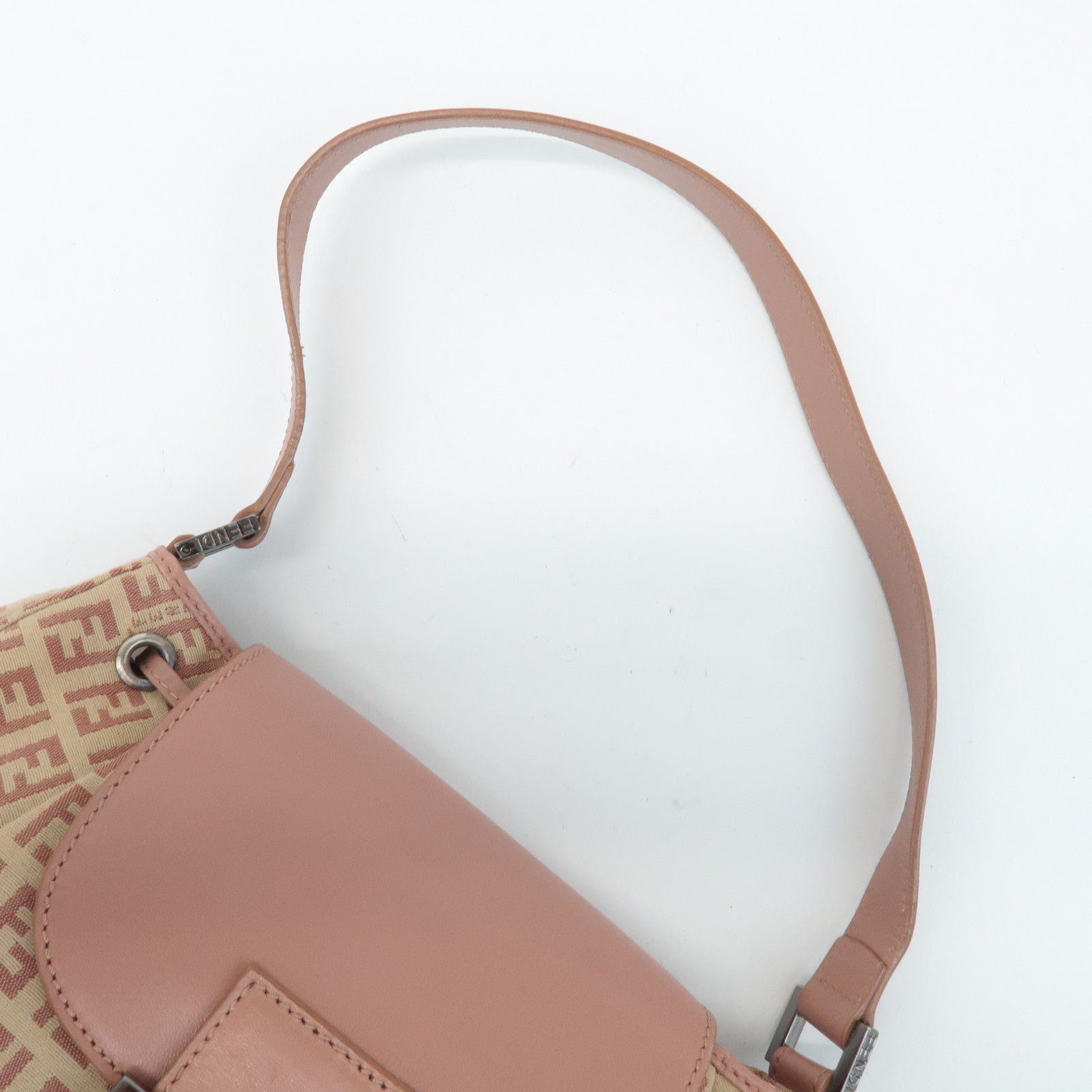 FENDI Zucchino Canvas Leather Shoulder Bag Beige Pink 8BR282 Used
