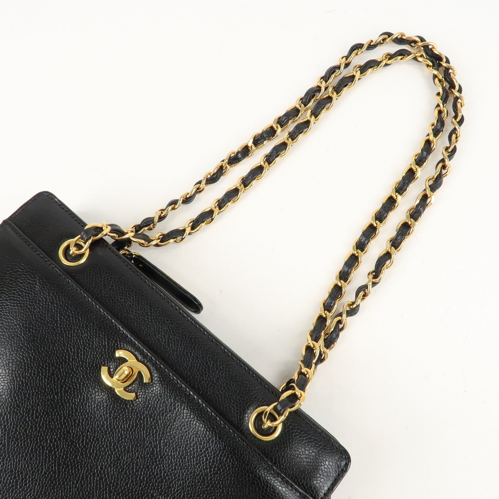 CHANEL COCO Mark Caviar Skin Chain Tote Bag Black Gold Used