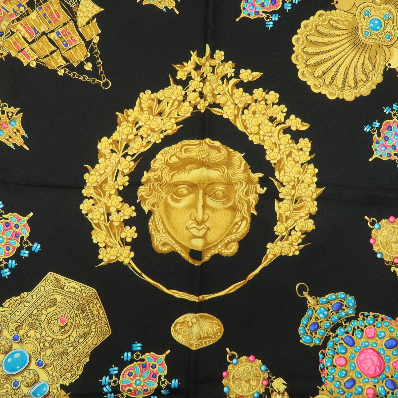 HERMES Silk 100% Carre 90 KOSMIMA Universe Black Gold Used