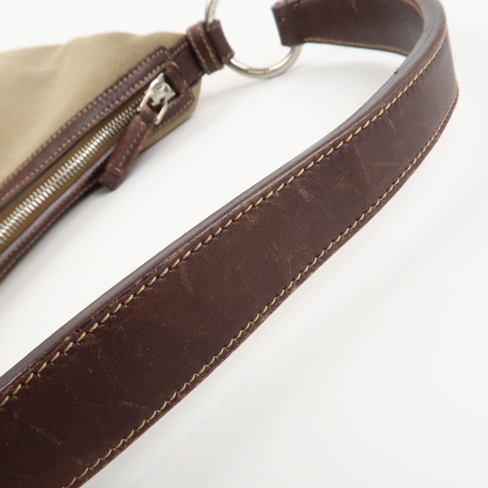 PRADA Logo Jacquard Leather Shoulder Bag Beige Brown Used