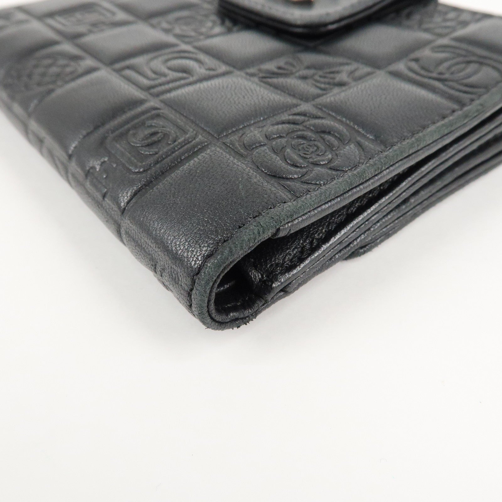 CHANEL Icon Line Lamb Skin W Flap Bi-fold Wallet Black A24212 Used