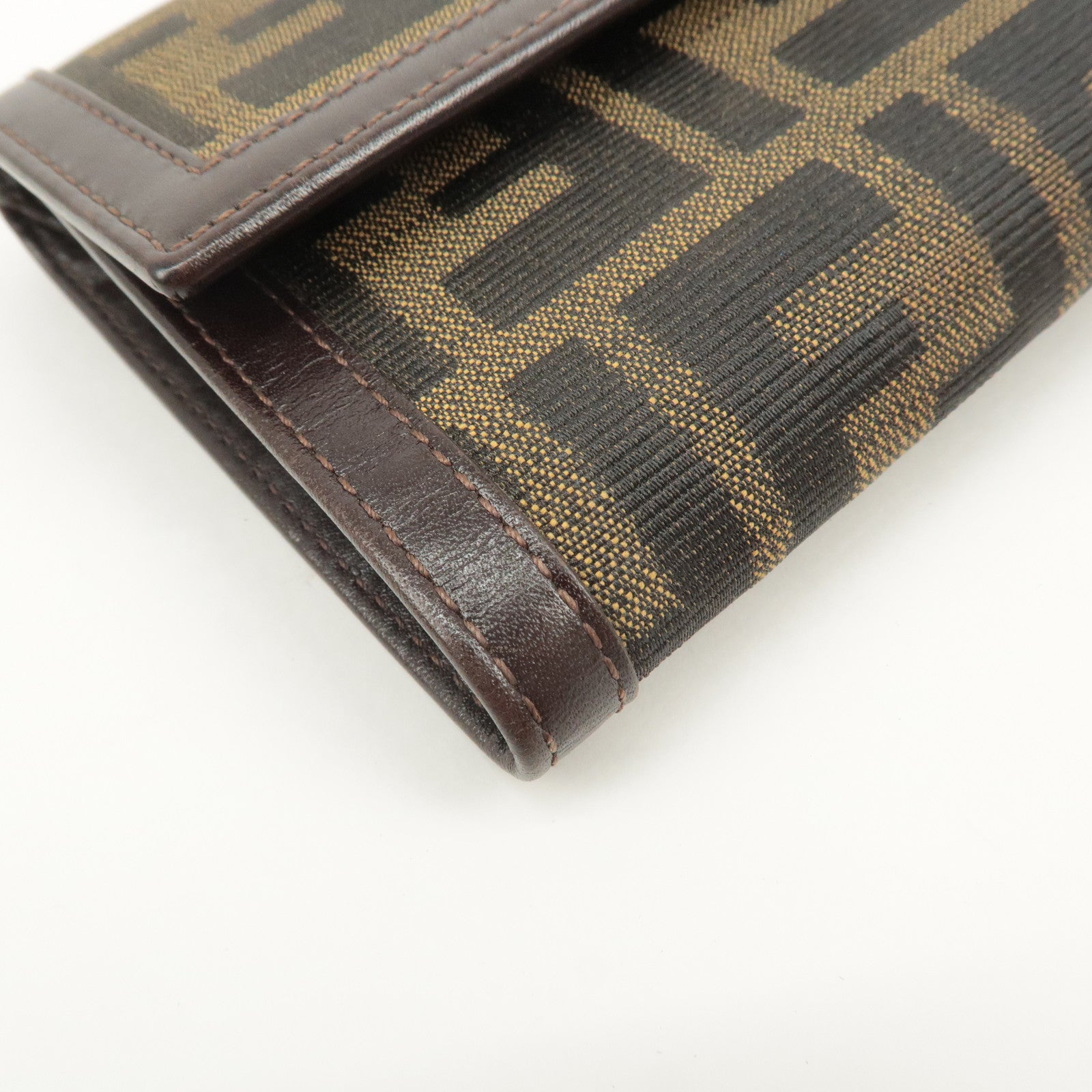 FENDI Zucca Canvas Leather Hook Tri-fold Wallet Brown 30729 Used
