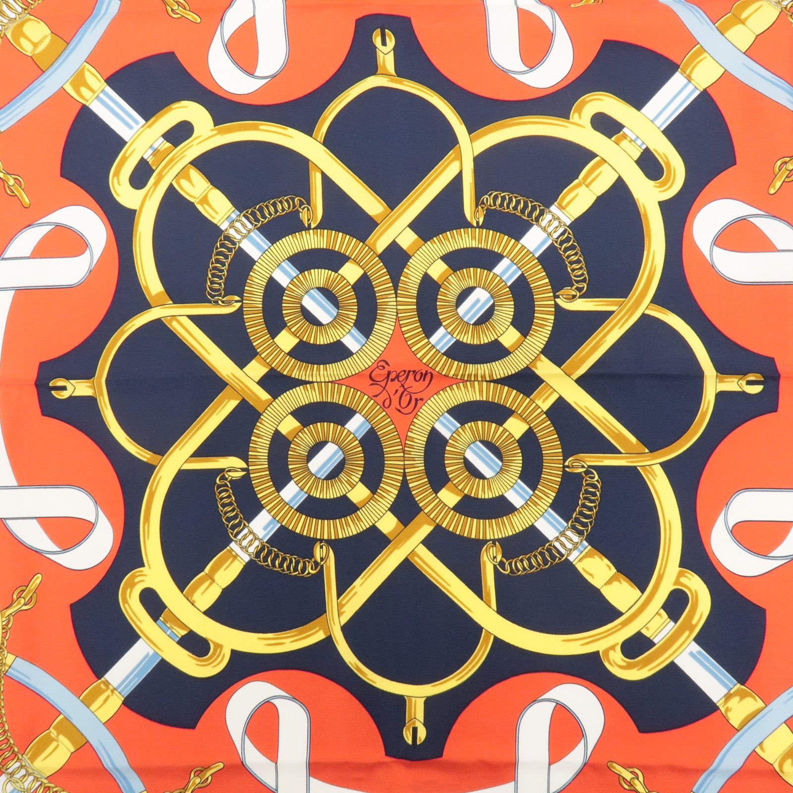 HERMES Carre 90 100% Silk Carre 90 Eperon d'or Red Navy Gold Used