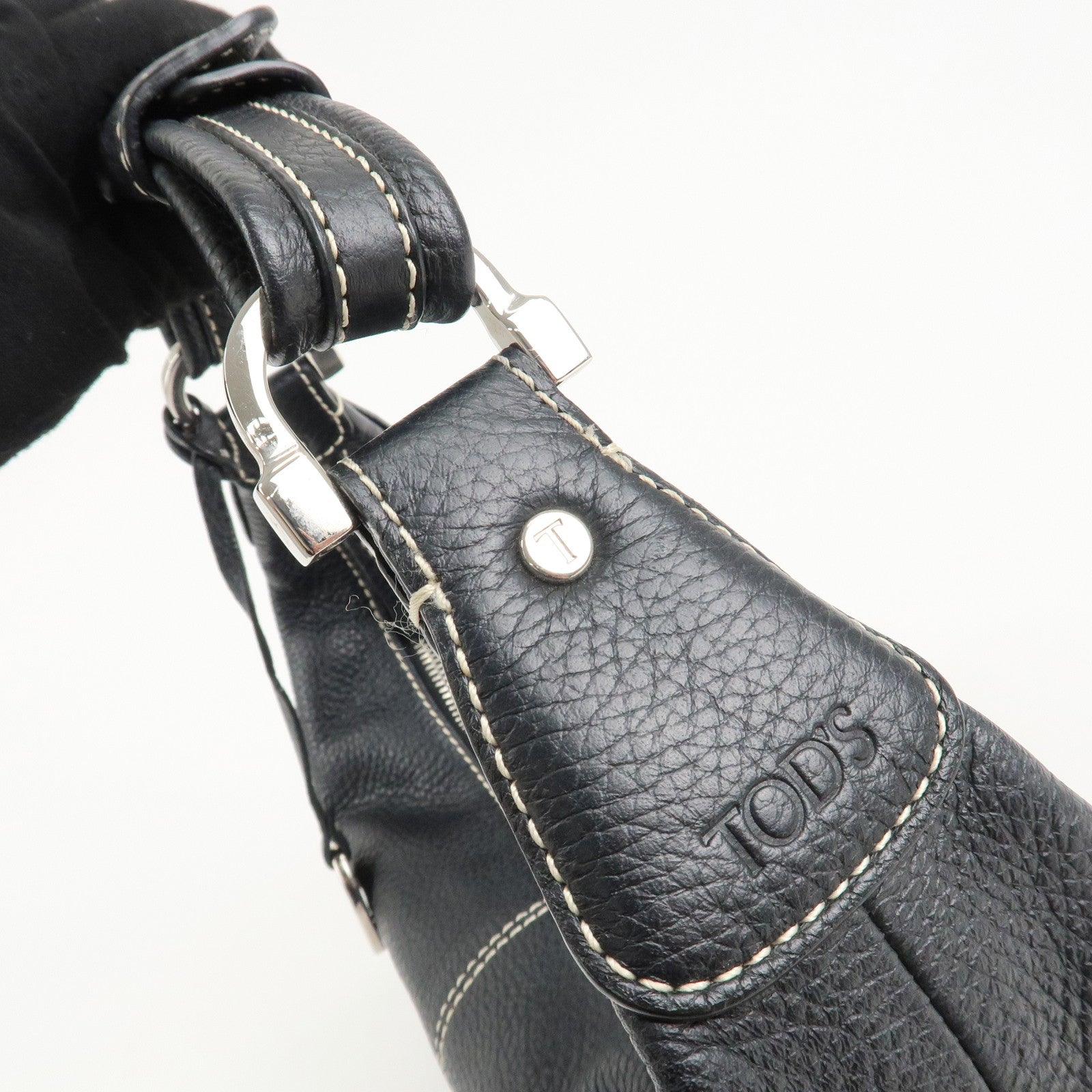 TOD'S Leather Shoulder Bag Hand Bag Black Silver Hardware Used