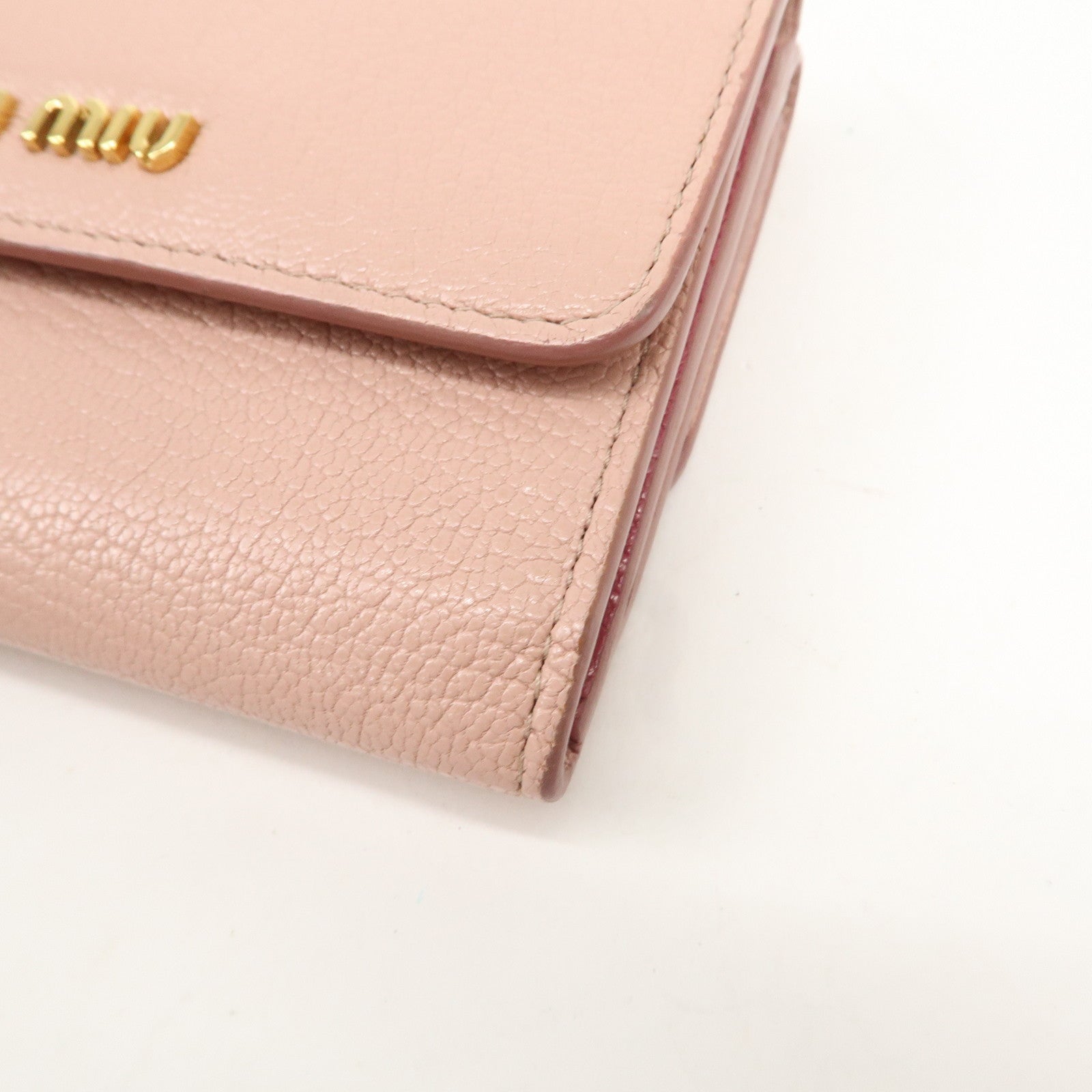 MIU MIU Leather Double Hook Bi-fold Wallet Pink Gold Hardware Used
