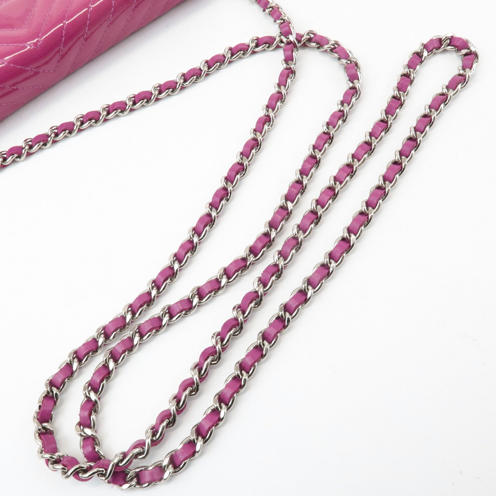 CHANEL COCO Mark Shevron Patent Leather V Stitch Chain Wallet Used