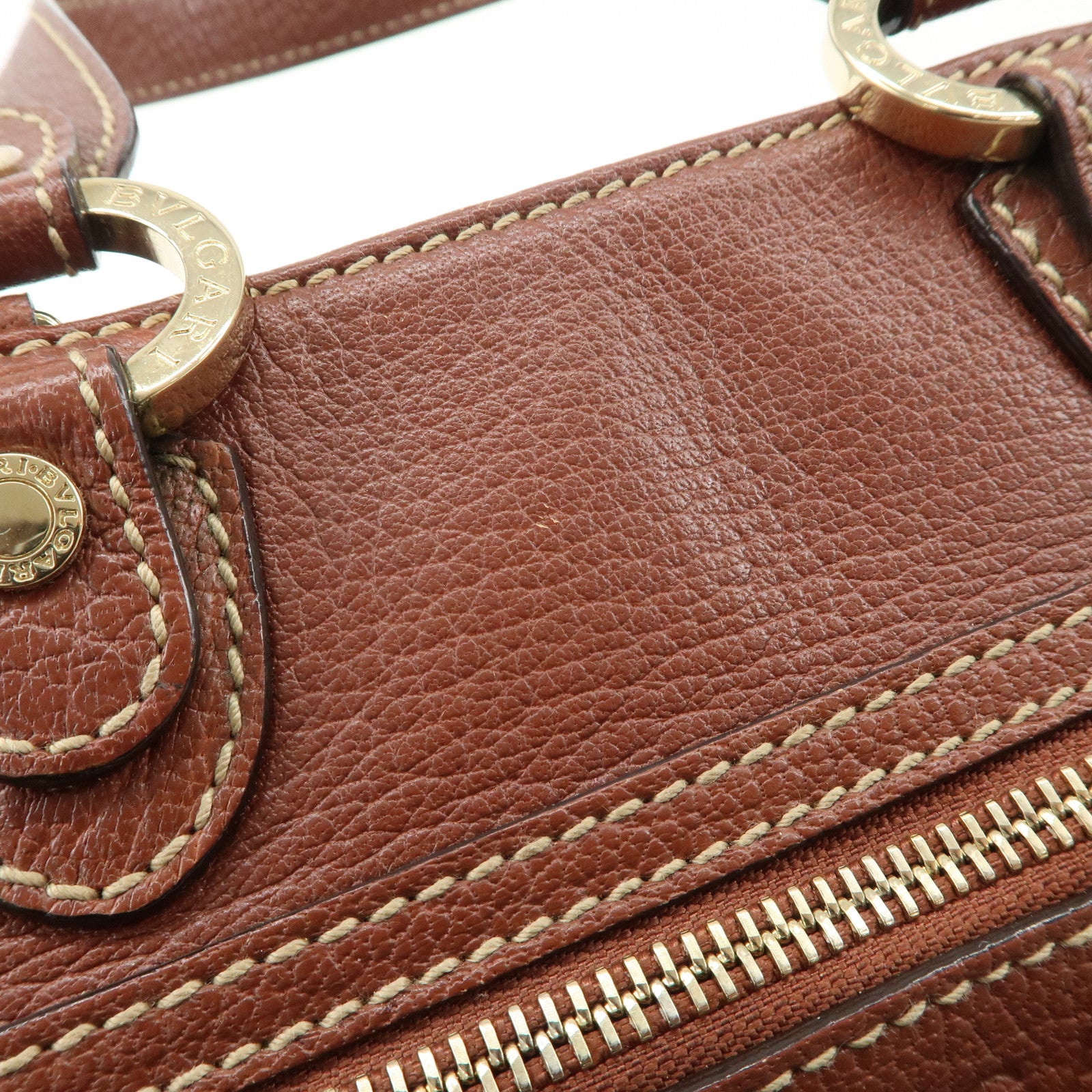 BVLGARI Leather Front Pocket Hand Bag Tote Bag Brown Used