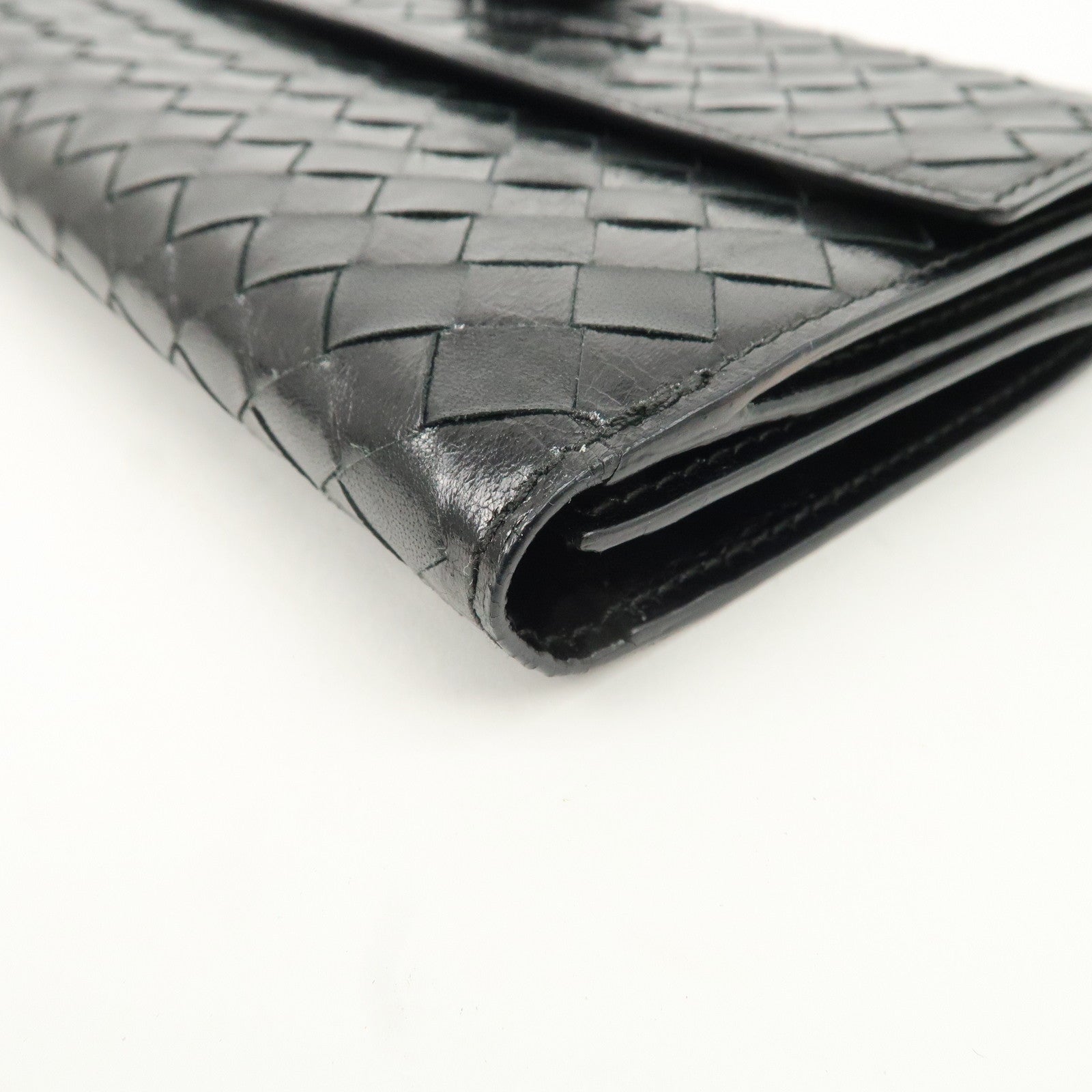 BOTTEGA VENETA Intrecciato Leather W Hook Bifold Wallet Black Used