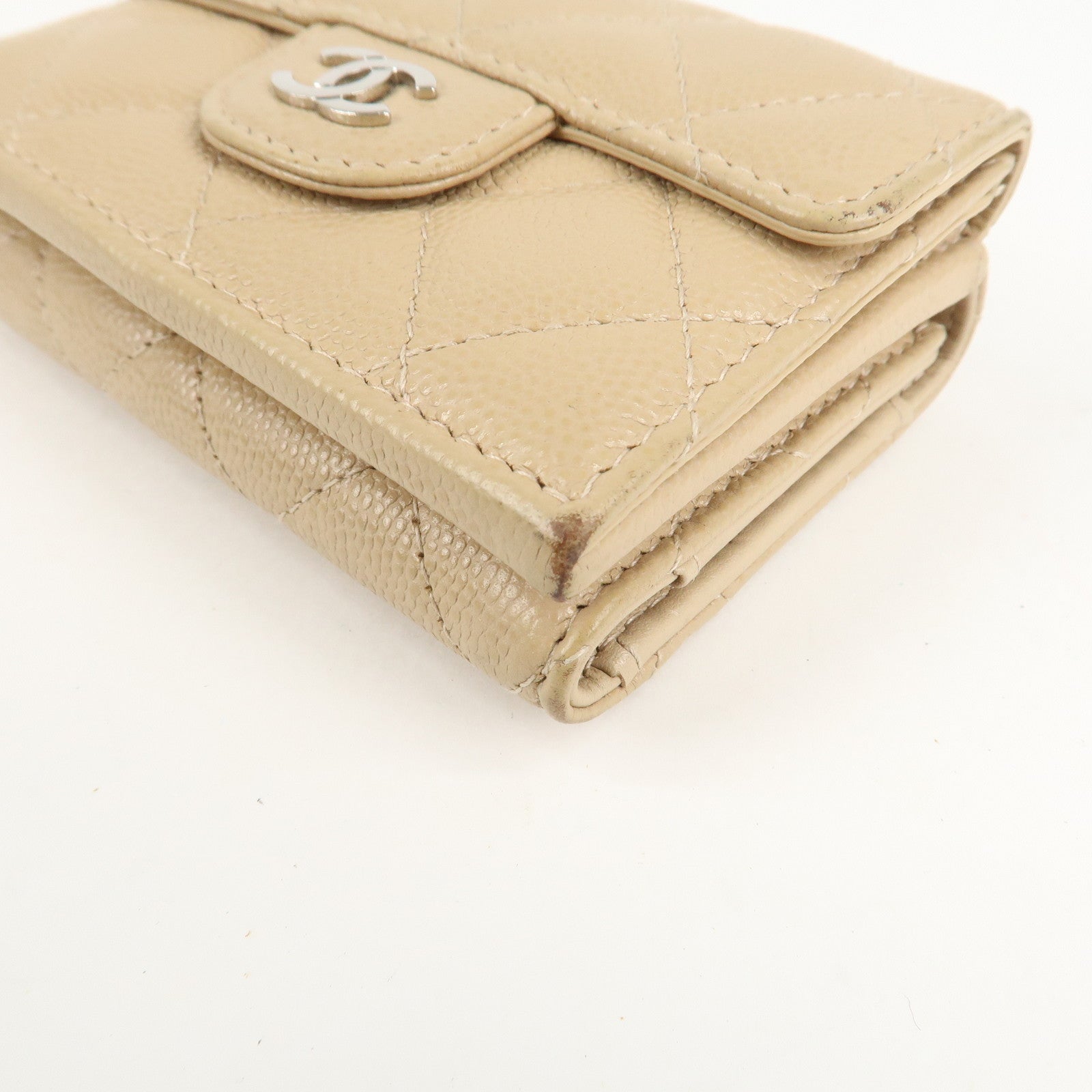 CHANEL Matelasse Cavier Skin Compact Wallet Beige Silver HDW Used