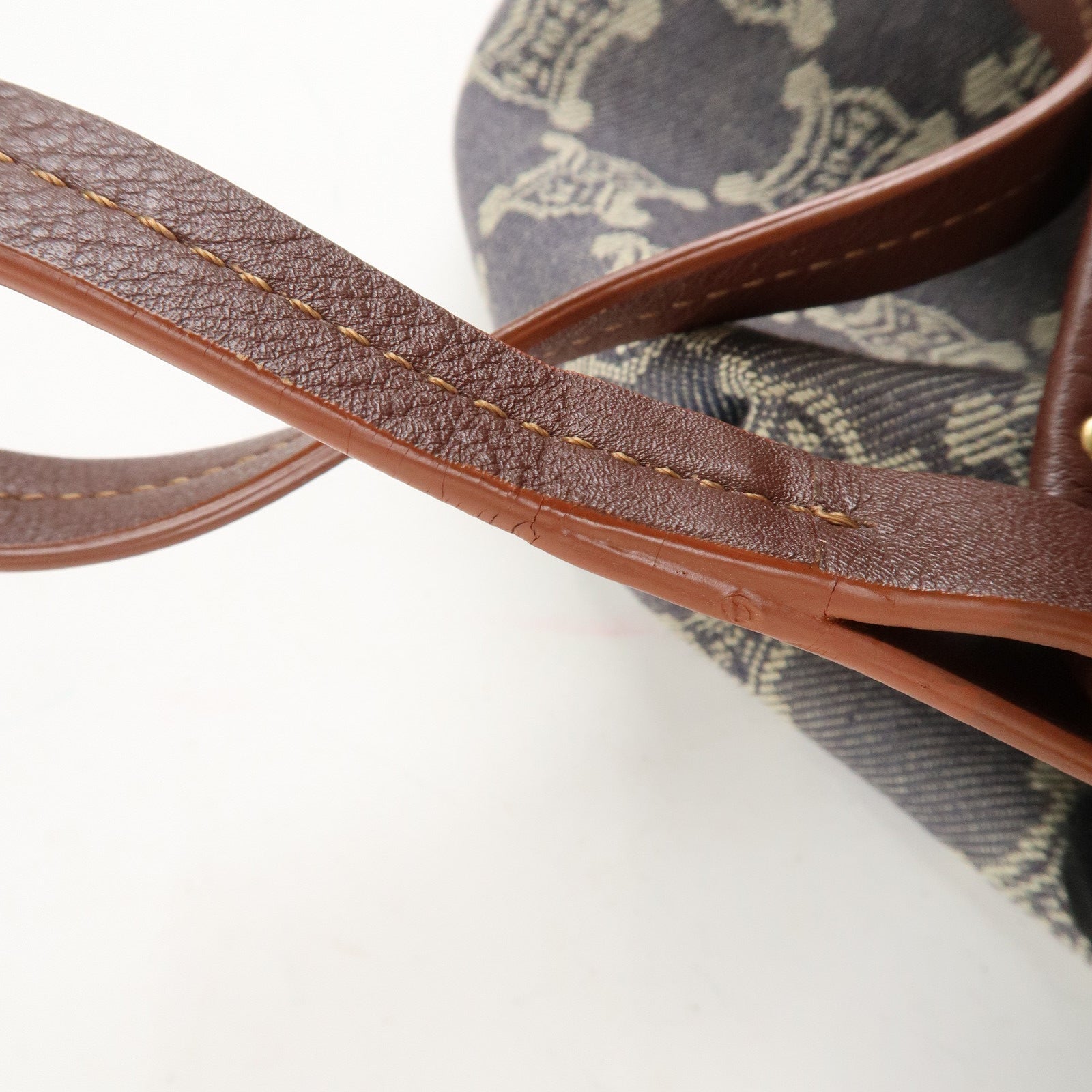 CELINE Macadam Denim Leather Studs Tote Bag Navy Brown Used