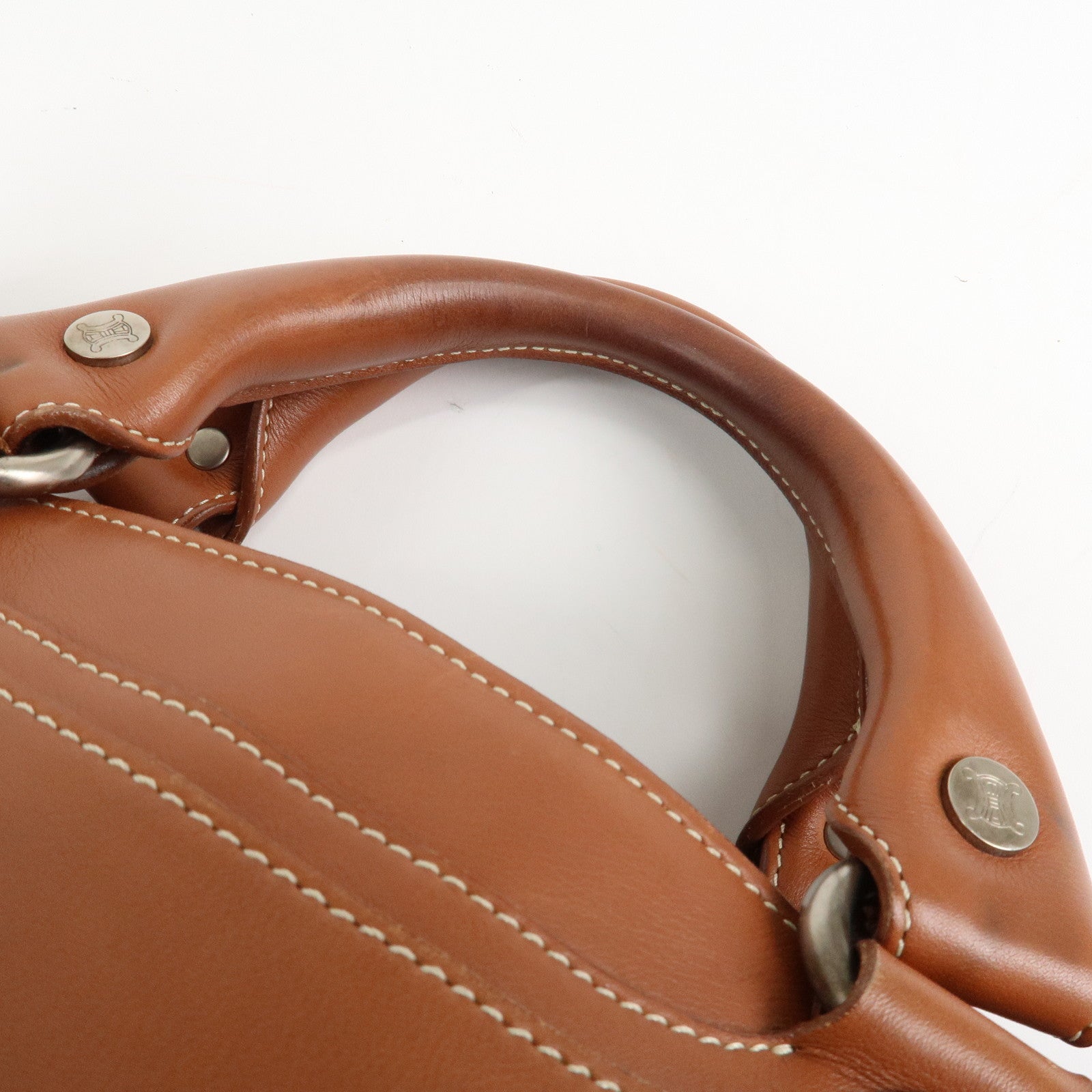 CELINE Leather Triomphe Button Boogie Bag Macadam Engraved Brown Used