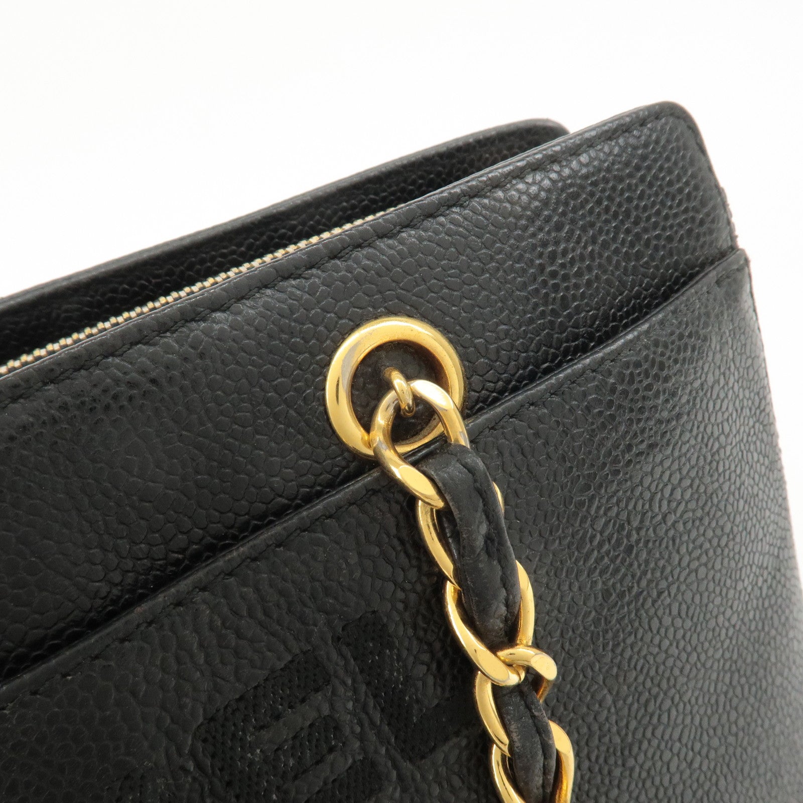 CHANEL Caviar Skin Chain Tote Bag Black Gold Used